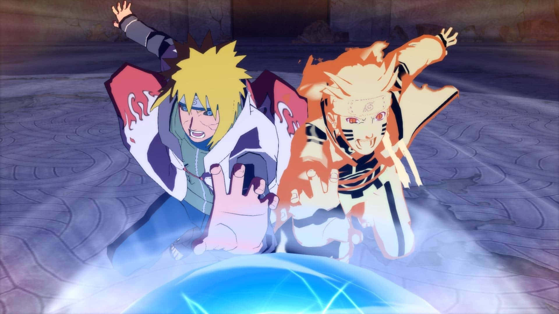 鳴人掌控螺旋丸 壁紙 — 兩個動漫角色以動態姿勢在石地板上釋放出發光的藍色能量球。
