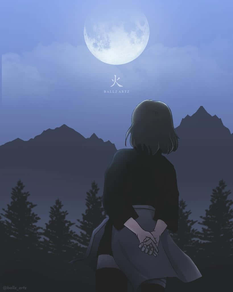 動漫女孩剪影在夜晚凝視著山脈和松樹上的滿月。