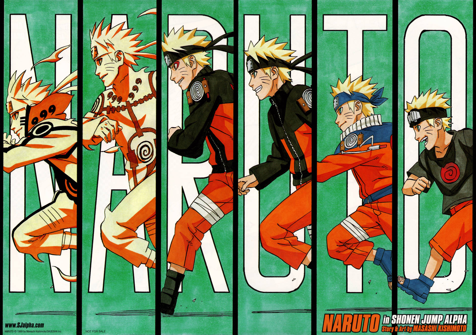 Naruto Uzumaki 在綠色背景上以六個動作姿勢呈現，並帶有大型白色字樣。