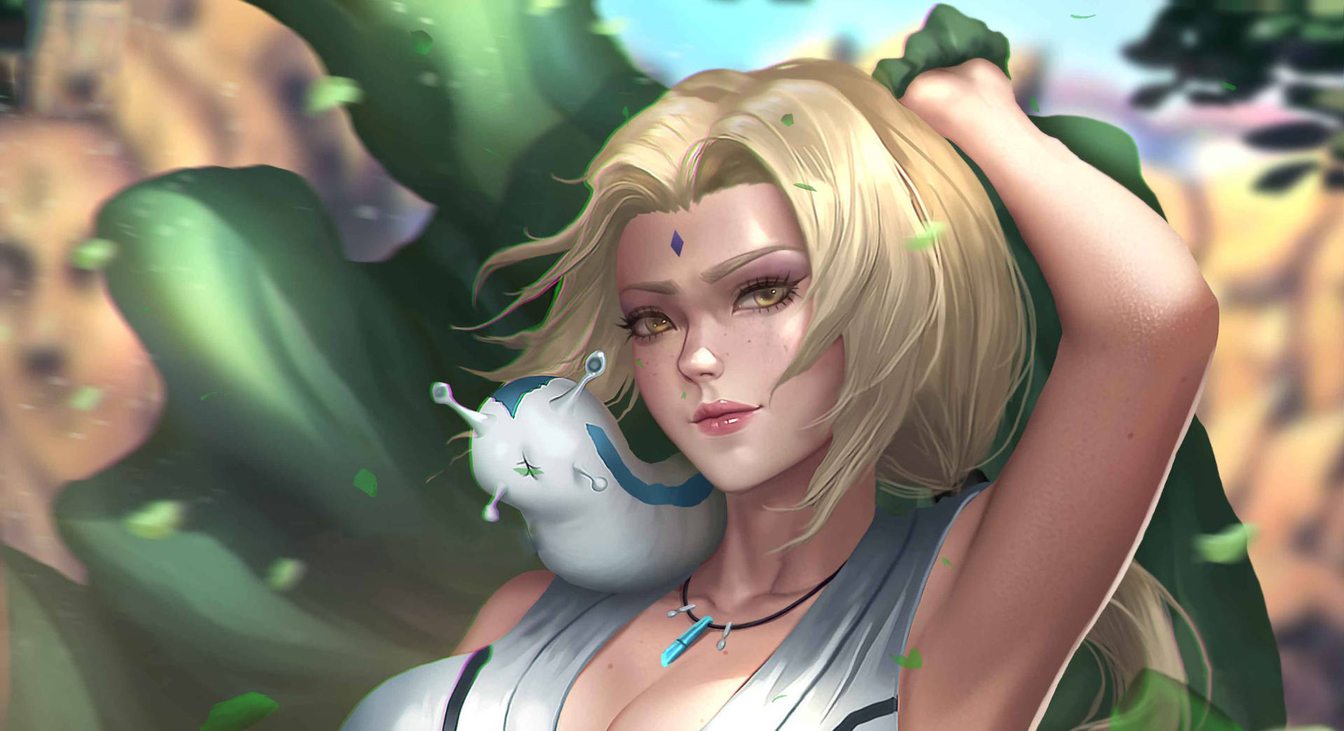 金髮動漫女孩，額頭上有藍色寶石，在漂浮的樹葉中抱著一隻白色的蝸牛生物。