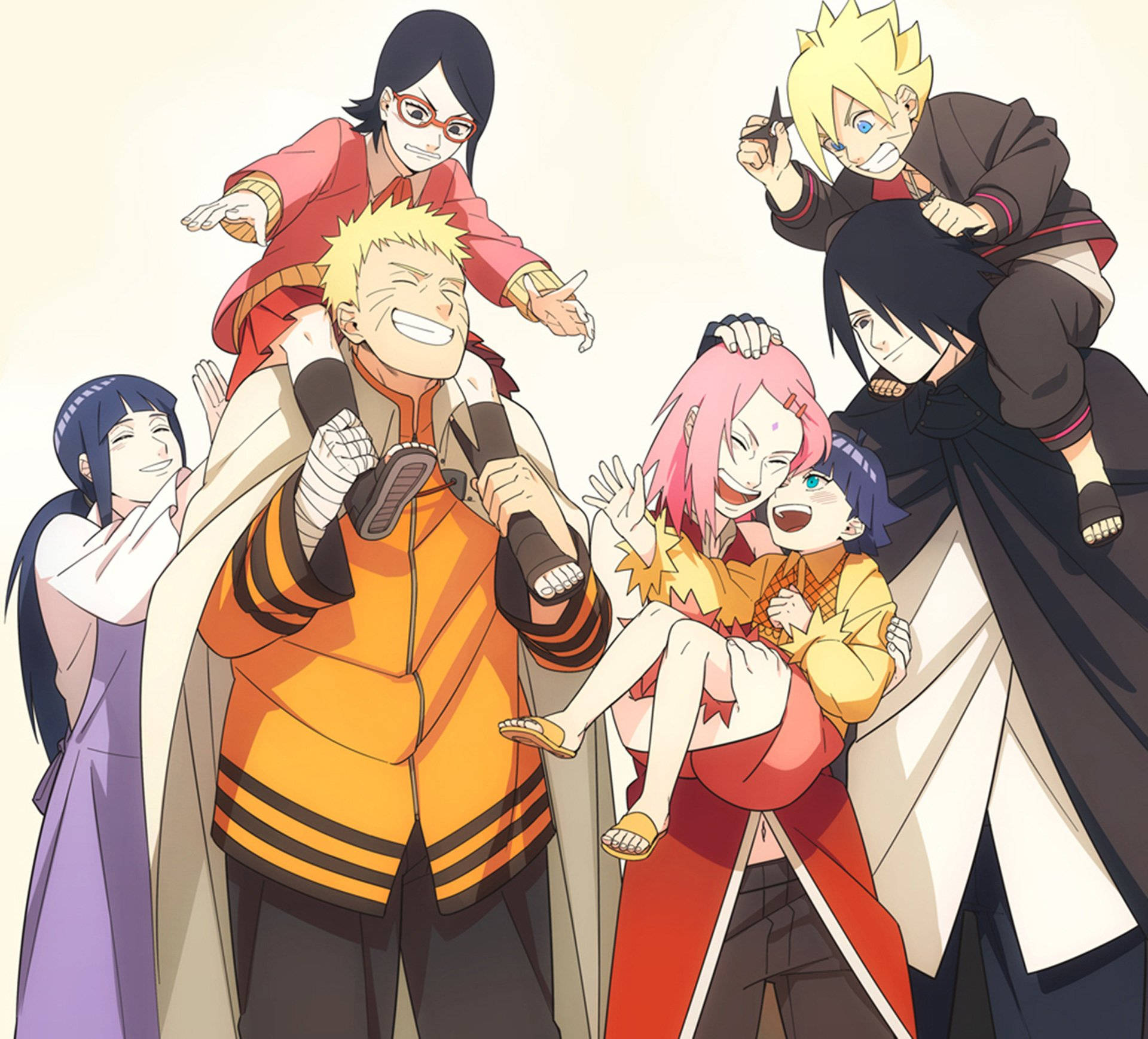 動畫忍者朋友們笑著擁抱，擺出歡樂的團體姿勢。 — Naruto and hinata GIF 壁紙