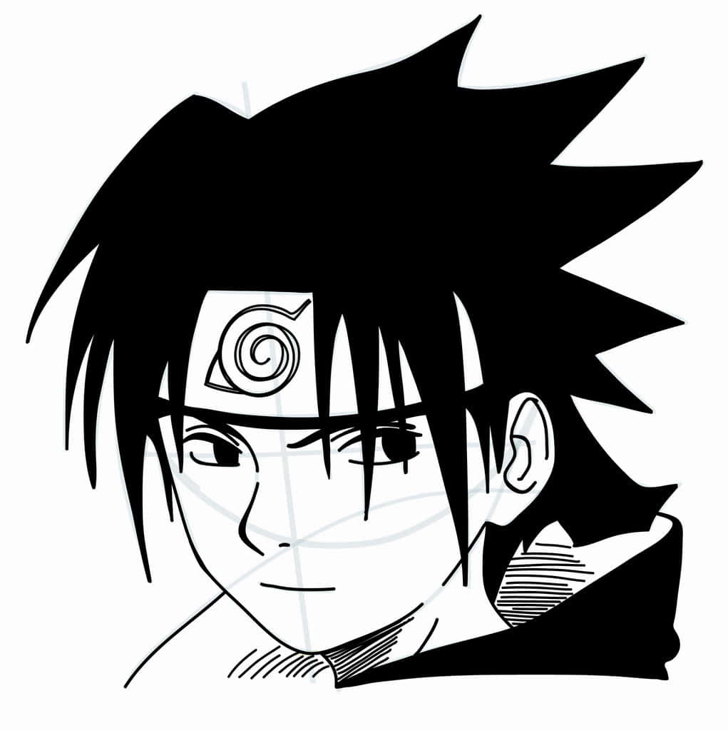 鳴人與佐助並肩作戰 壁紙 — 一幅黑白動漫素描，描繪一位年輕男子，頭髮尖刺，頭戴帶有螺旋符號的頭帶。