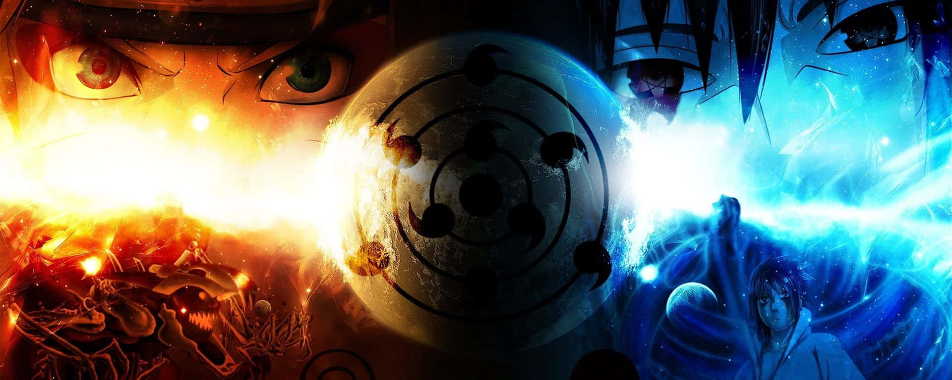 動漫角色在宇宙戰鬥中釋放火與冰的元素力量。