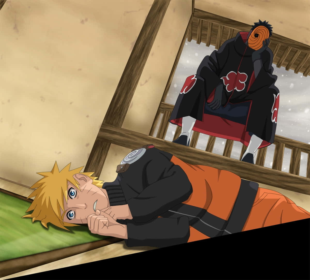 Akatsuki Ninja 桌布 壁紙 — 鳴人躺在墊子上，抬頭看著雪天木製陽台上穿著曉組織長袍的蒙面人物。