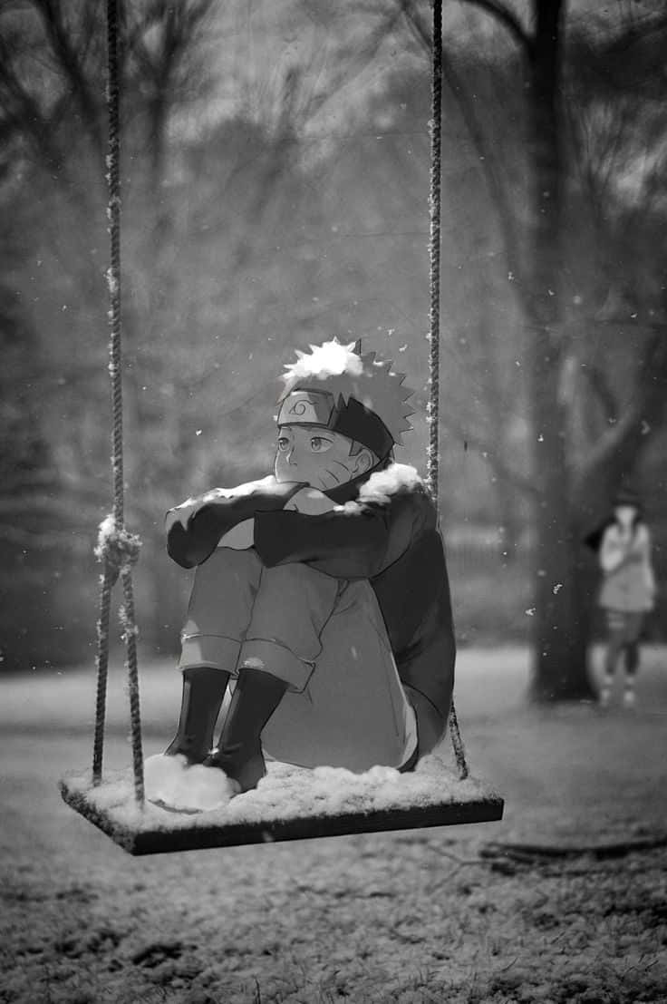鳴人黑白鞦韆 壁紙 — 一個年輕的動畫男孩獨自坐在一個積雪的鞦韆上，在寧靜的冬季公園裡，雪花飄落在他周圍。