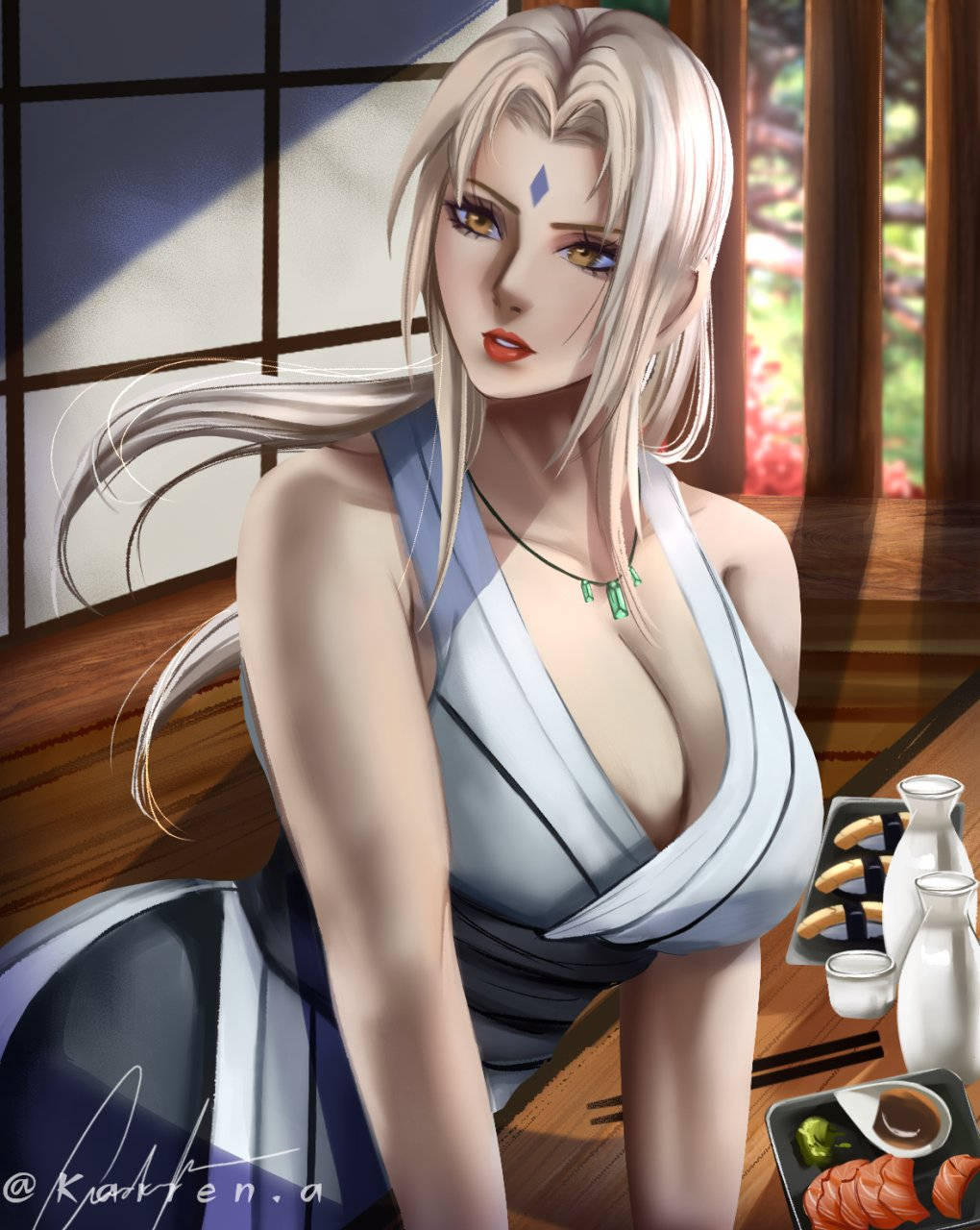 藍色連衣裙的動漫女性在日式房間享用壽司和清酒。