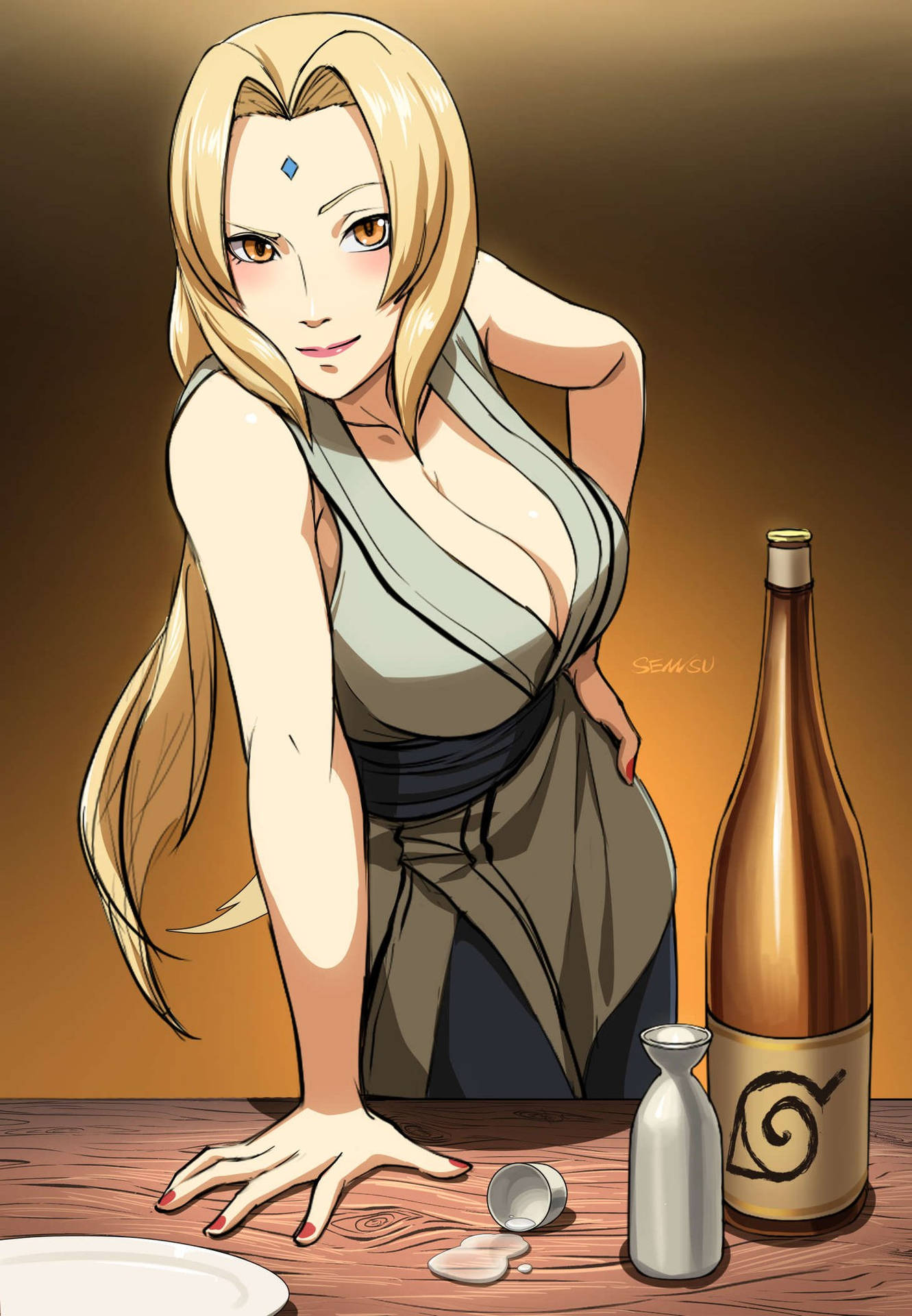 鳴門手持酒瓶 壁紙 — 一位金髮動漫女性穿著灰色長袍，俯身於木桌旁，桌上放著清酒瓶和杯子。
