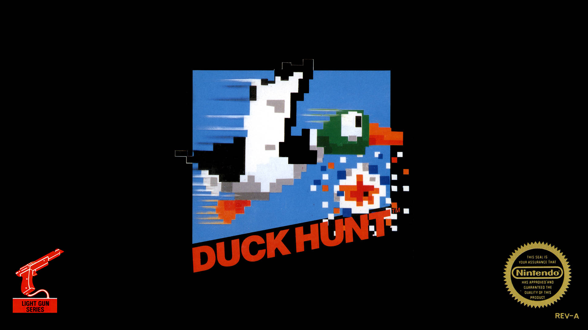 《鴨子狩獵》標誌黑底版 壁紙 — 像素鴨子在經典任天堂Duck Hunt遊戲藝術中飛過，帶有光槍圖標和印章。