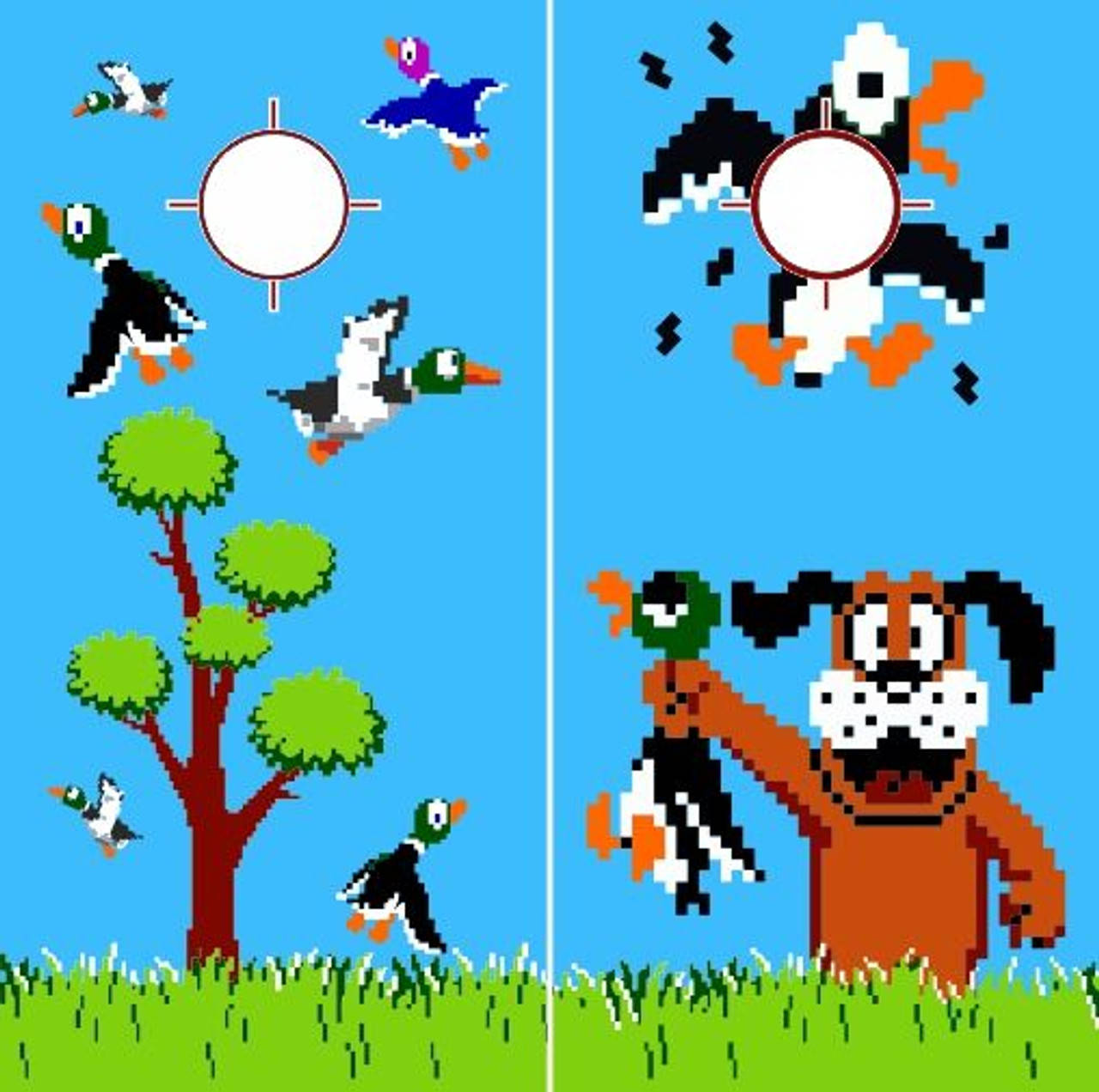 像素藝術遊戲，顯示鴨子飛翔和一隻狗在草地上叼著一隻鴨子。