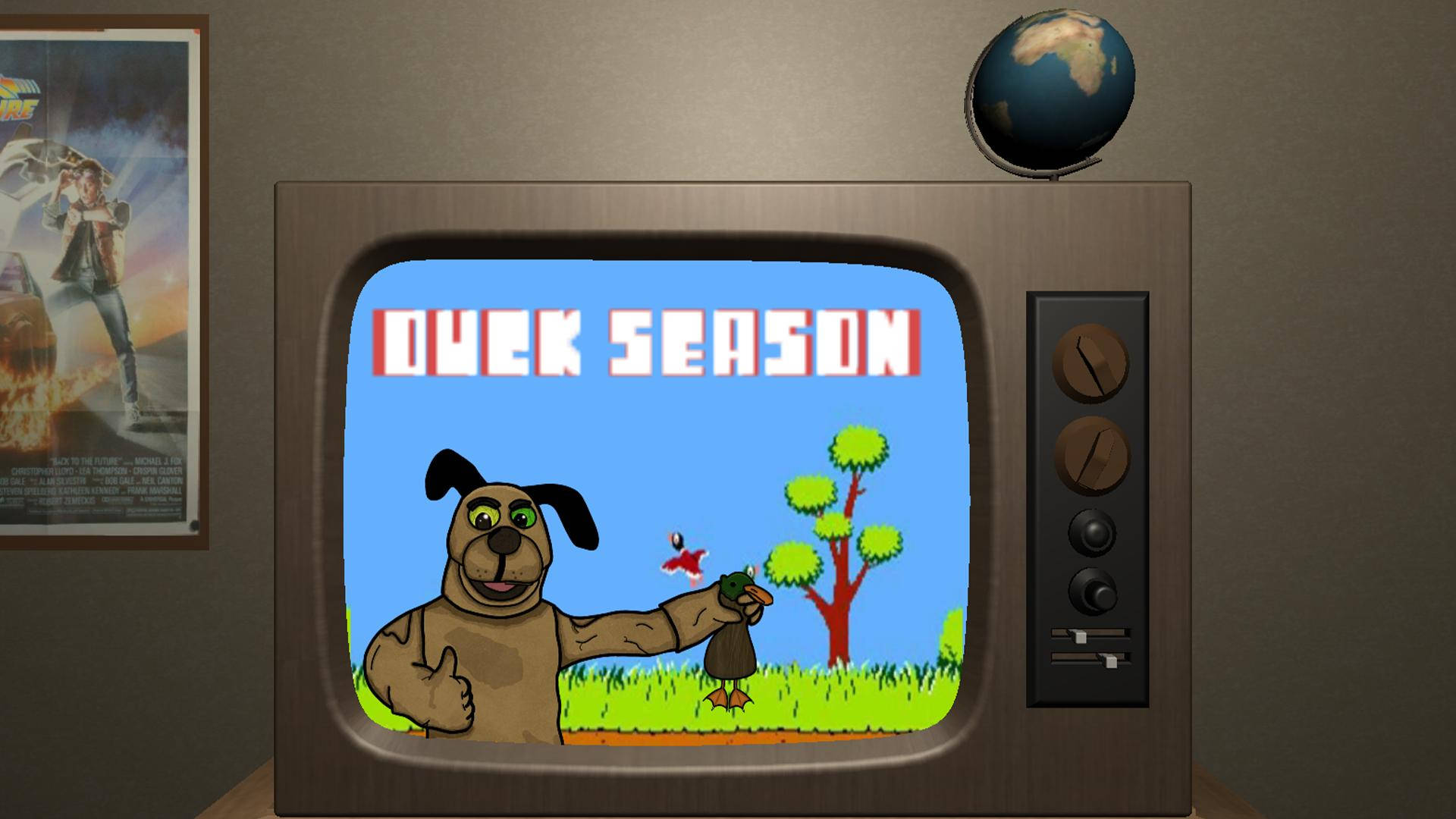 復古電視顯示一隻像素卡通狗在名為 Duck Season 的遊戲中抱著一隻鴨子。