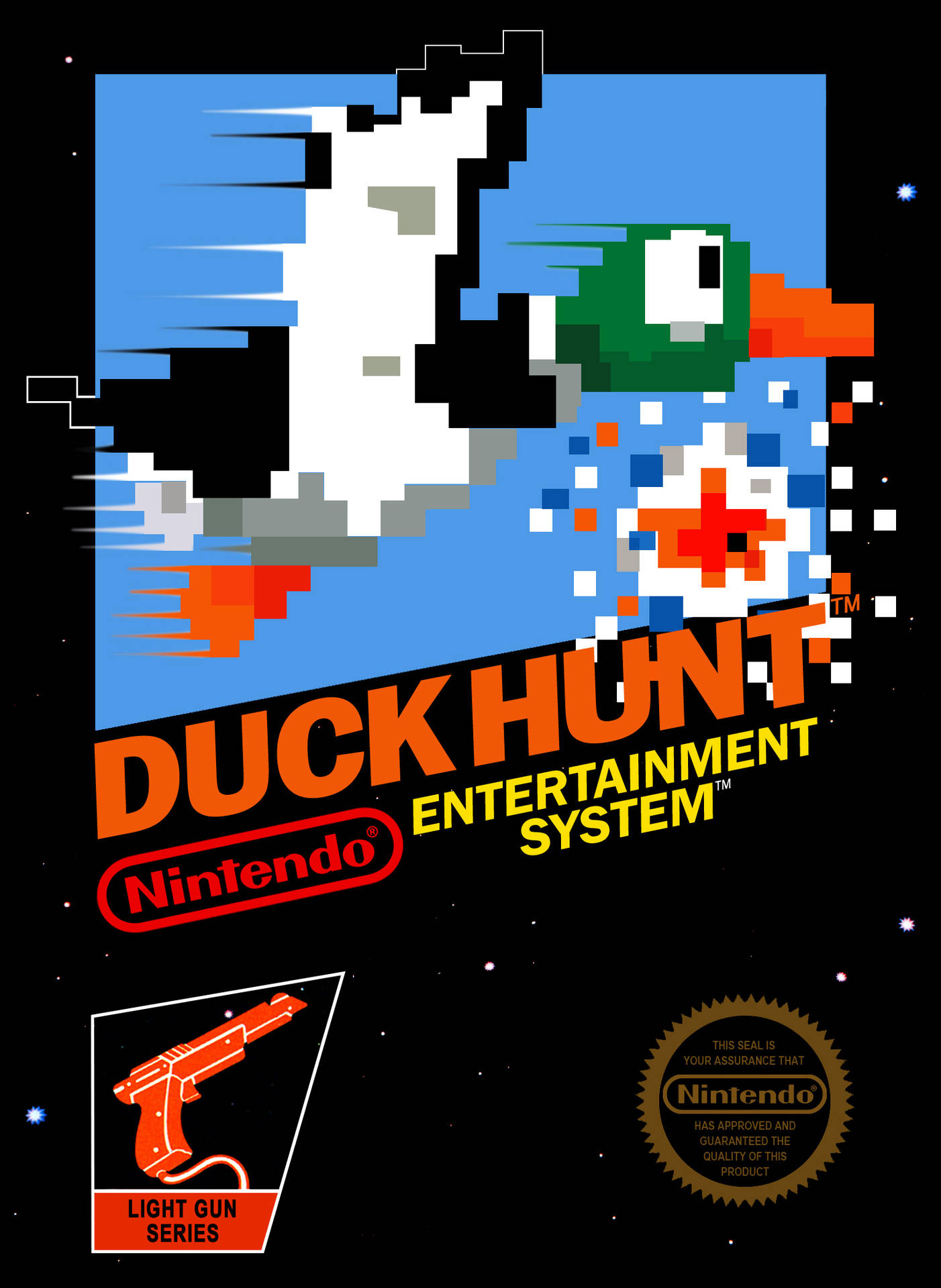 Nintendo Duck Hunt 遊戲盒，帶有像素鴨子和光槍。