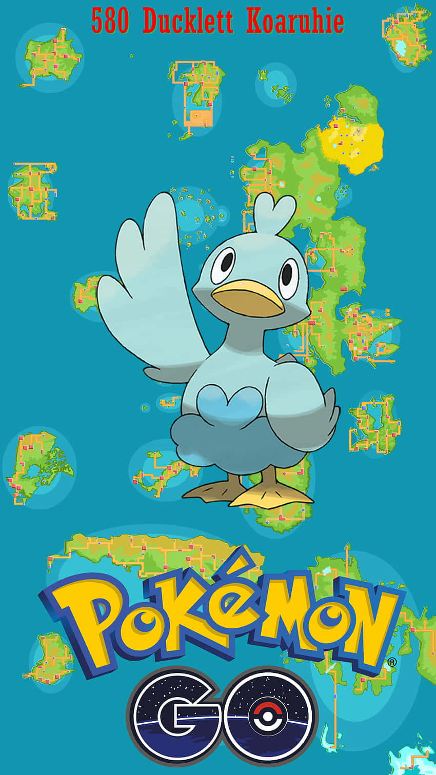 鴨鵝在地圖樣式背景上 壁紙 — 一隻淺藍色鴨子狀嘅寶可夢叫Ducklett，喺青綠色背景上拍動翅膀，周圍有漂浮嘅地圖碎片同Pokémon GO標誌。