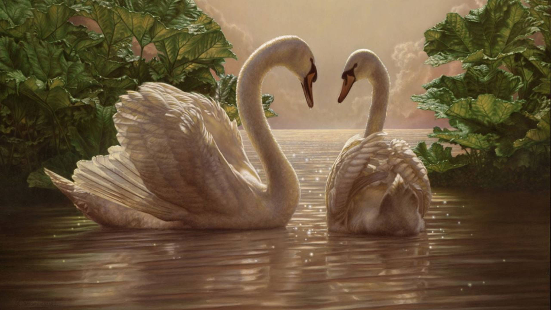鴻雁愛鳥畫作 壁紙 — 兩隻優雅的白天鵝在平靜的水面上相對，四周環繞著茂密的綠色樹葉，天空柔和金黃。