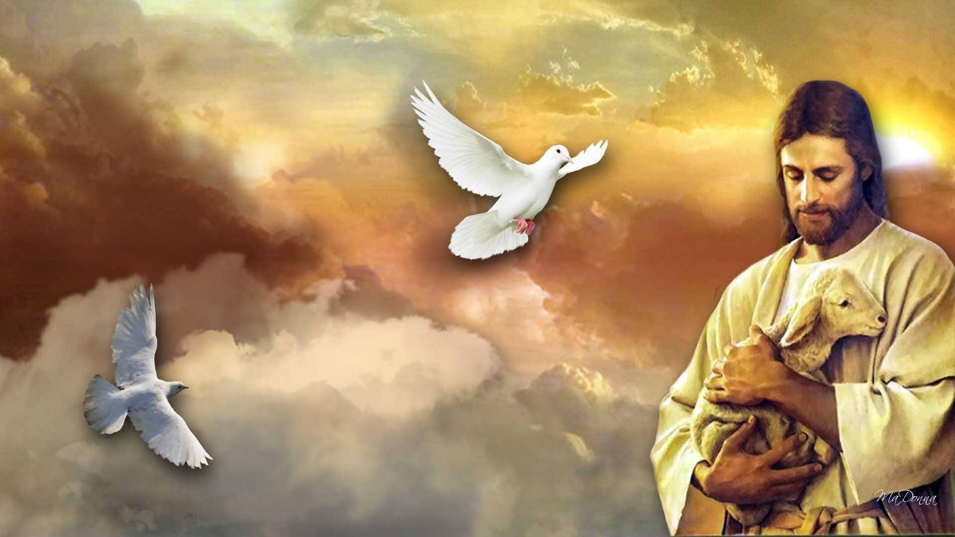 耶穌抱著羔羊，白鴿在金色天空中飛翔。