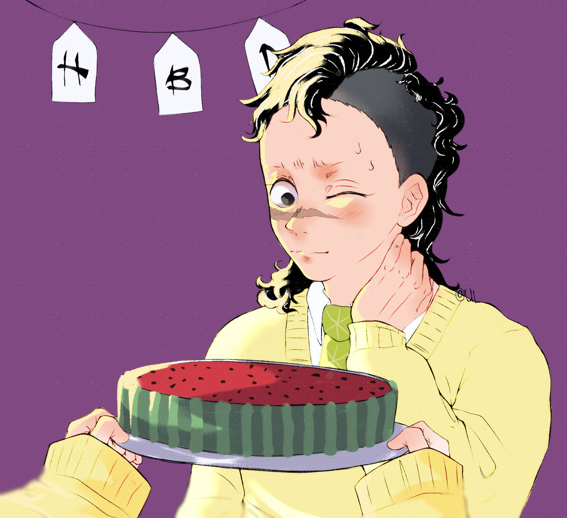 動漫角色在生日橫幅下拿著西瓜蛋糕