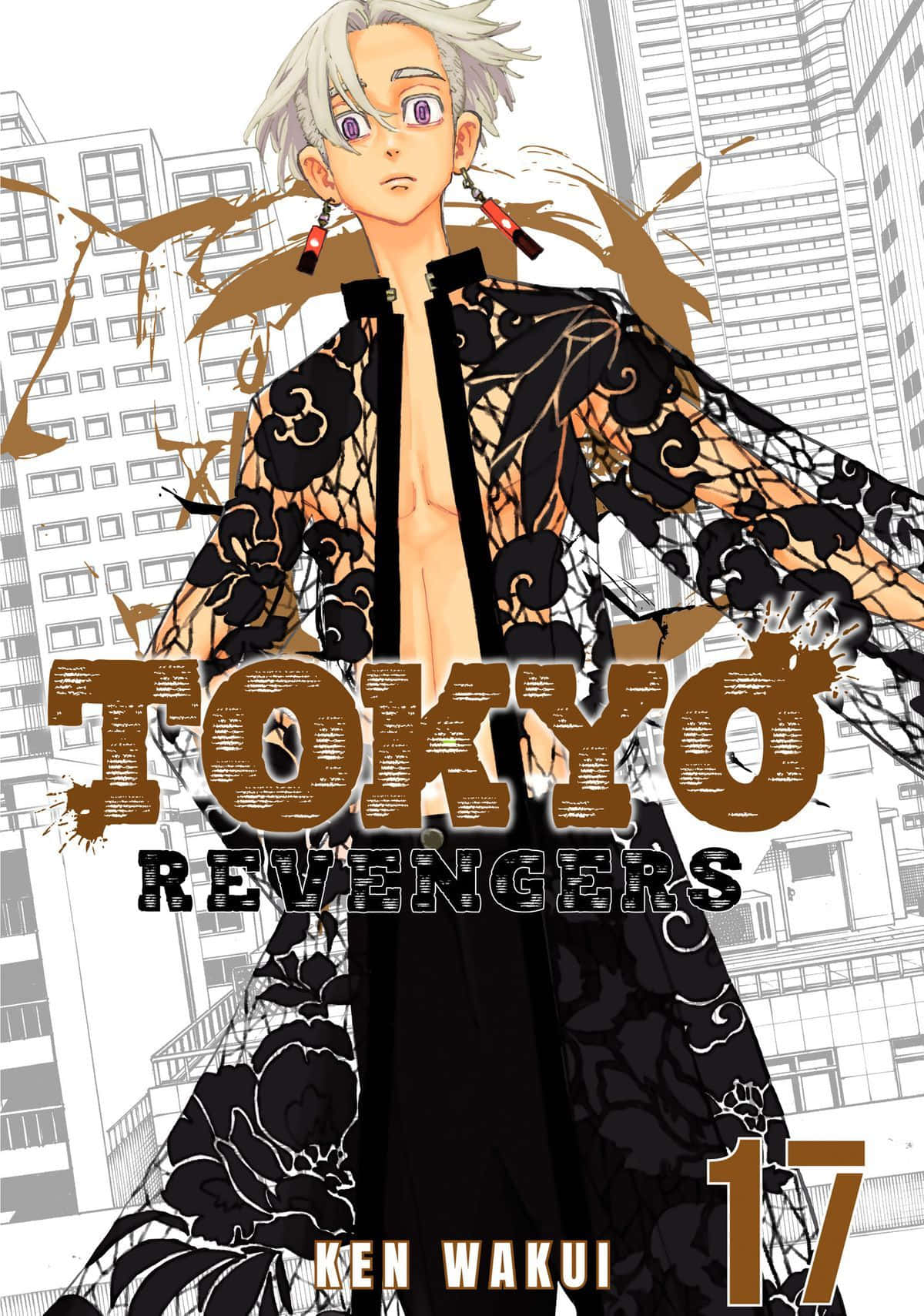 鶴見辰巳為戰鬥做準備，《東京卍復仇者》 壁紙 — 一個銀髮動漫角色穿著黑色花卉外套，站在單色城市景觀前，帶有粗體棕色文字。