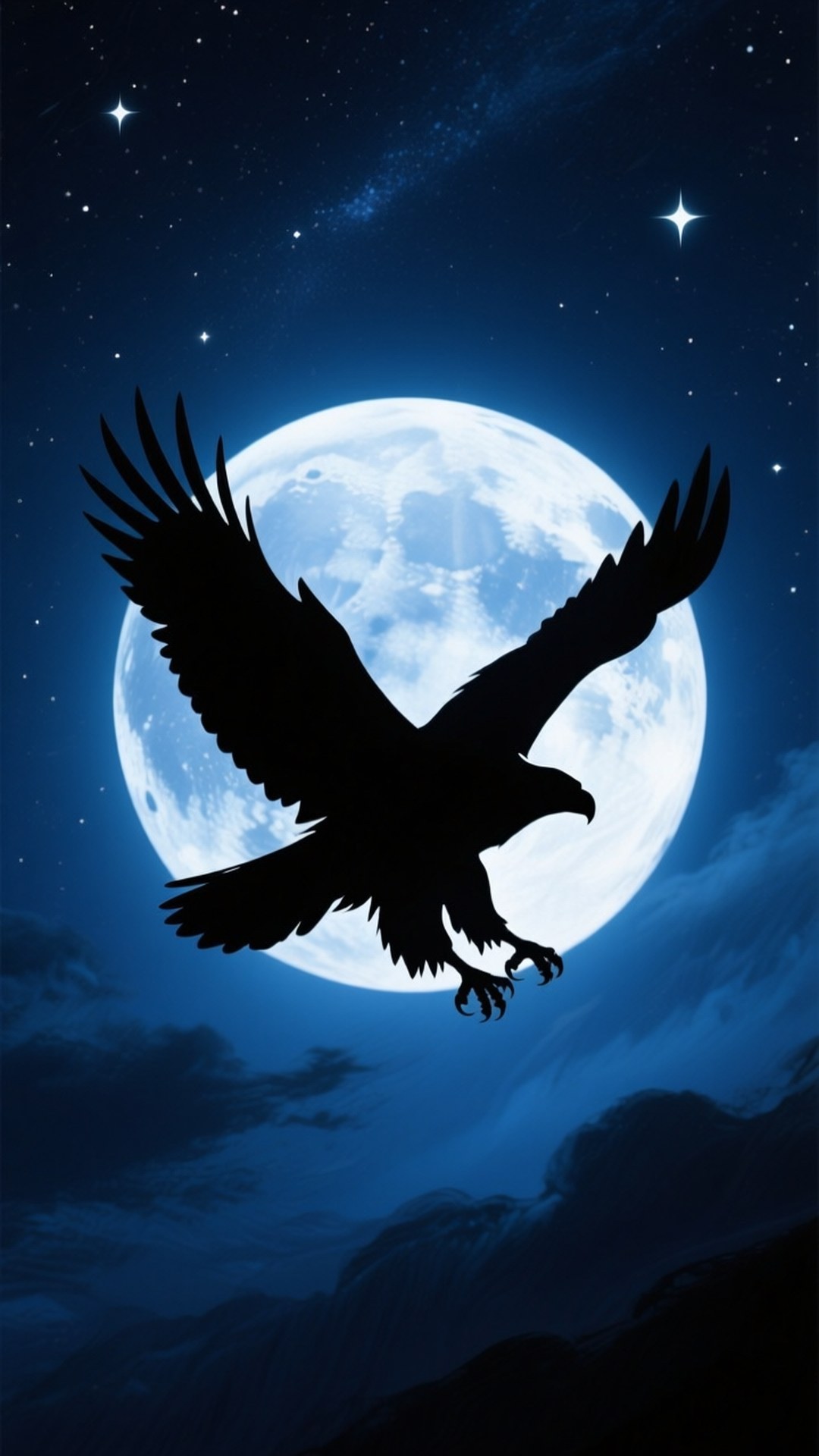 一隻黑色的鷹剪影在繁星點點的夜空下，飛過明亮的滿月前方，下方是黑暗的山脈。