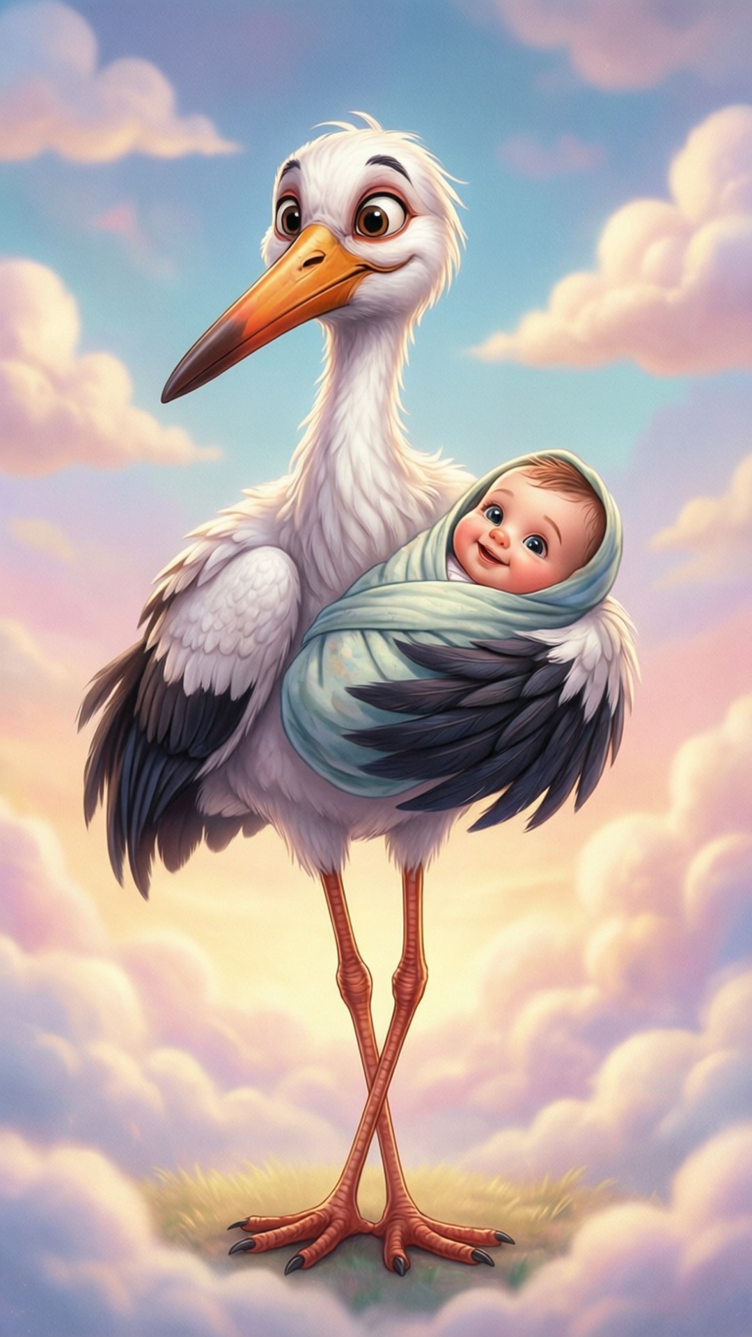 一隻鸛鳥抱著一個包裹著的嬰兒，背景是粉彩天空和蓬鬆雲朵。
