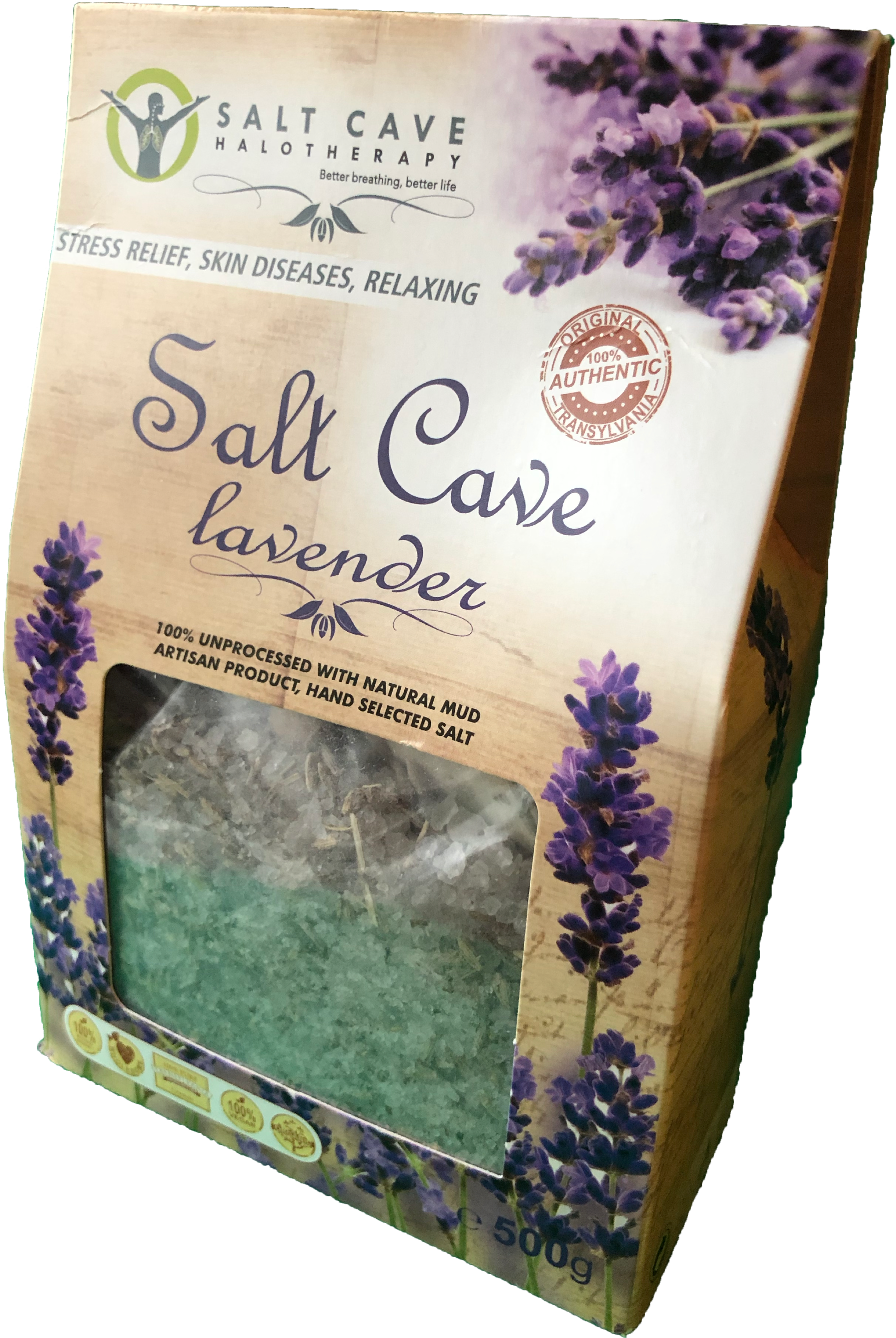 鹽洞薰衣草療癒鹽產品 壁紙 — 一個木紋質感的薰衣草鹽洞鹽療水晶包裝，帶有紫色薰衣草枝條和一個透明窗口，顯示出略帶綠色的鹽。