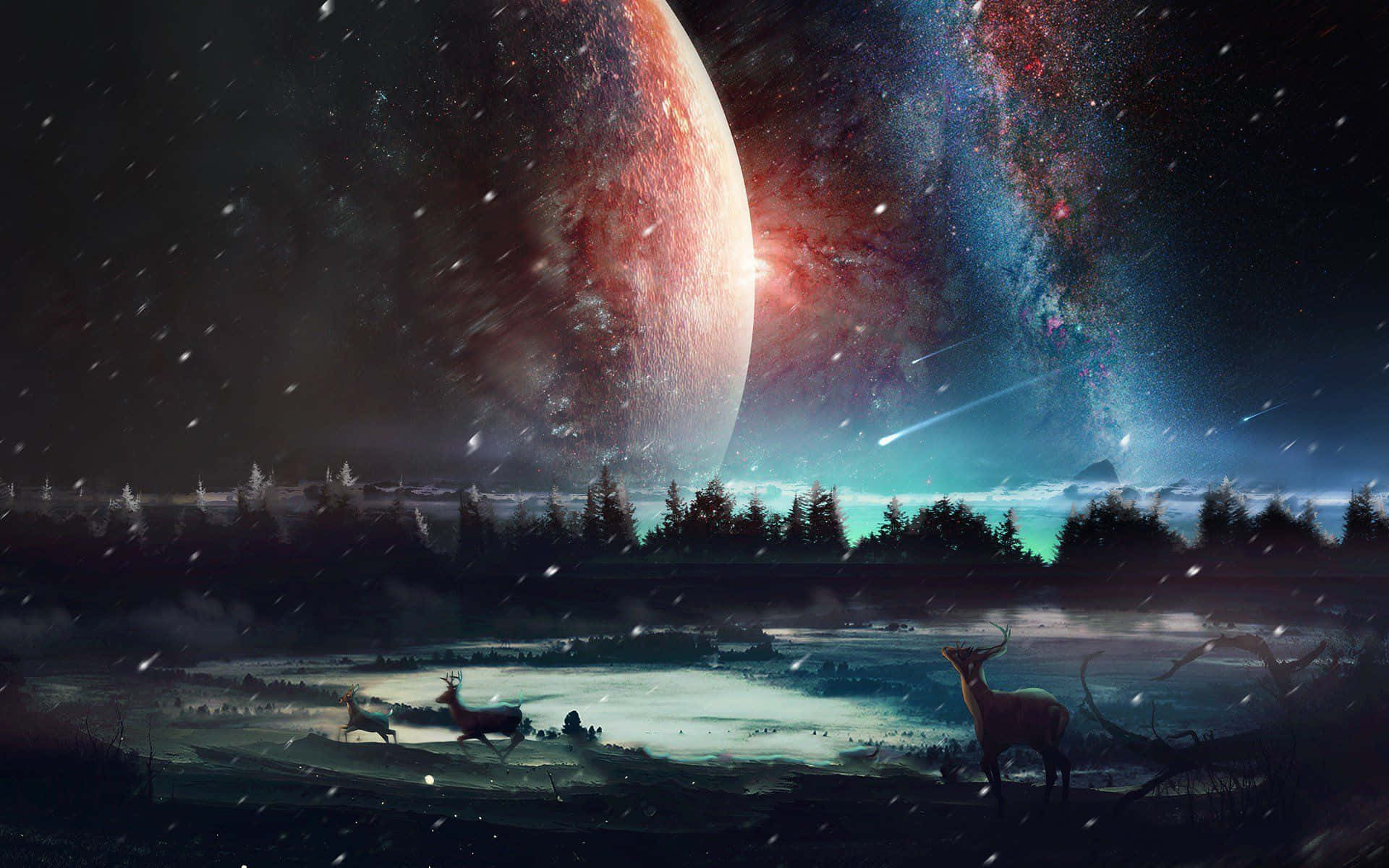 Universe 桌布 壁紙 — 鹿站在雪地森林中，上方是巨大的行星和充滿活力的星系。