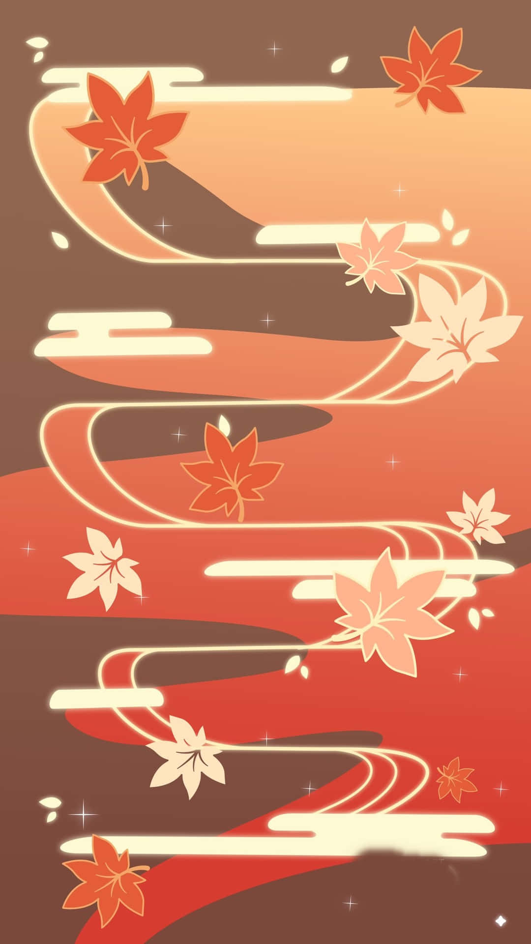 抽象的秋葉在發光的橙色和紅色中旋轉，背景是帶有閃爍效果的漸變天空。