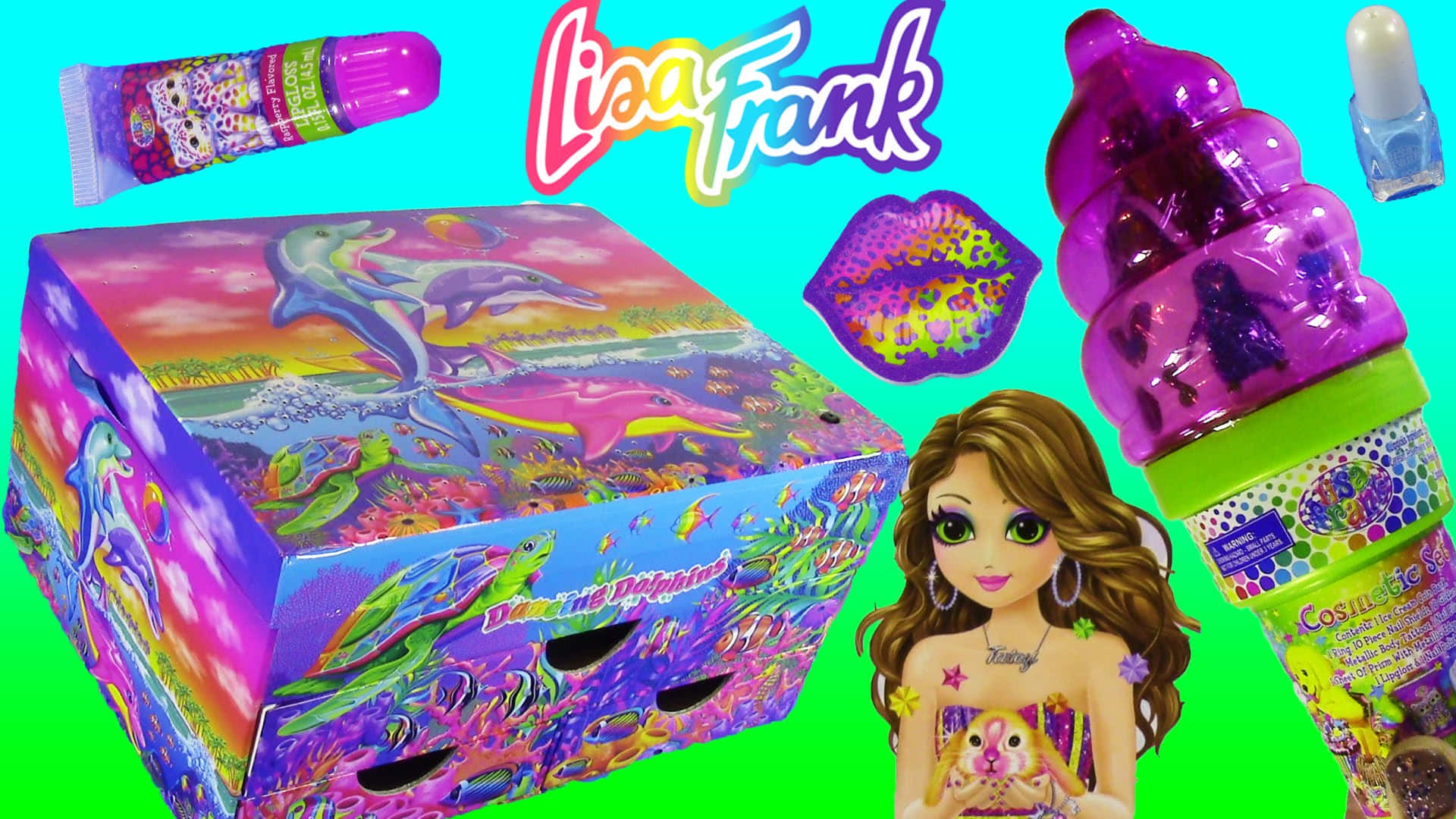 Lisa Frank 玩具箱，上面有海豚和配件，背景是亮綠色。