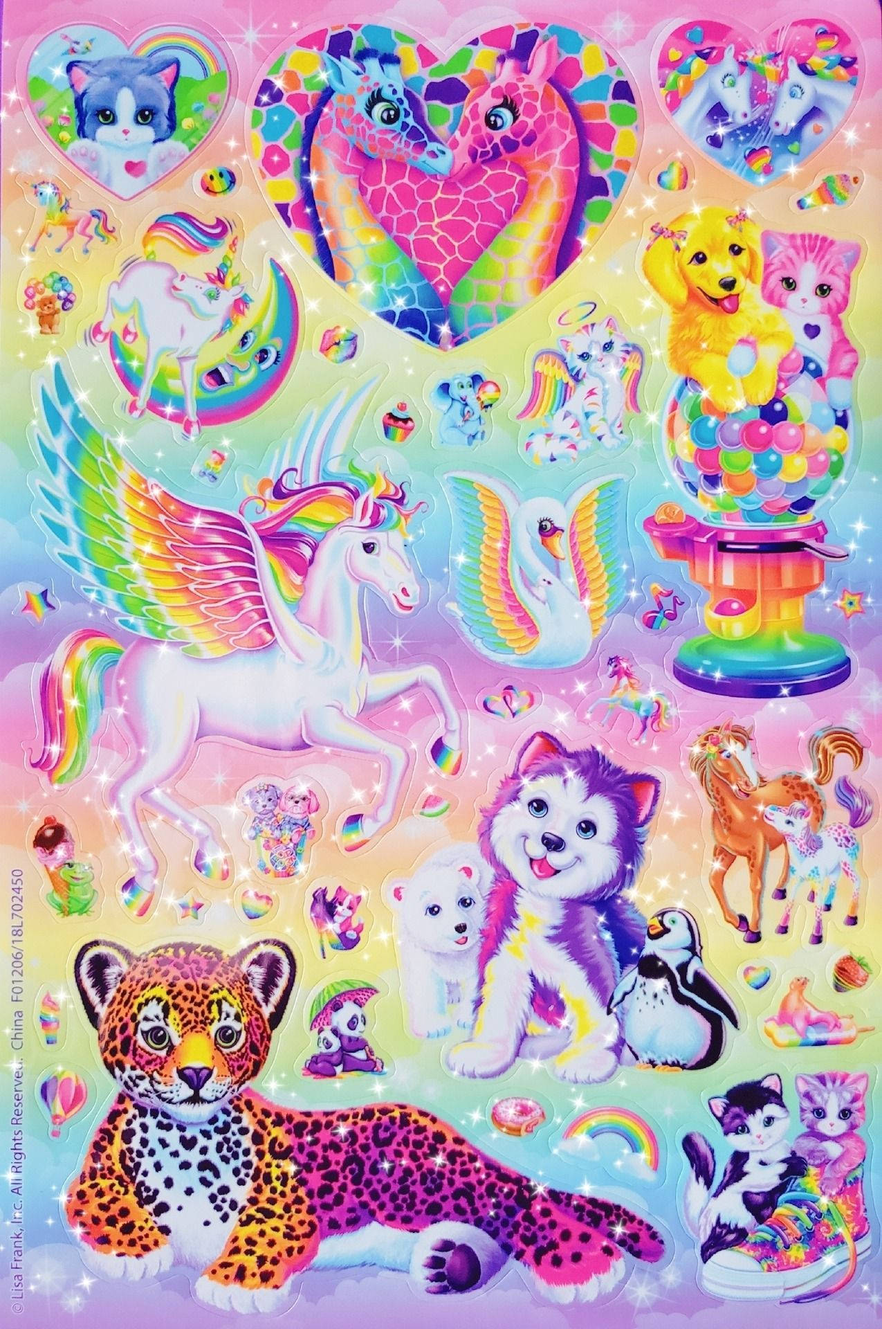 色彩繽紛的奇幻貼紙，上面有彩虹色調的獨角獸、貓咪和動物。