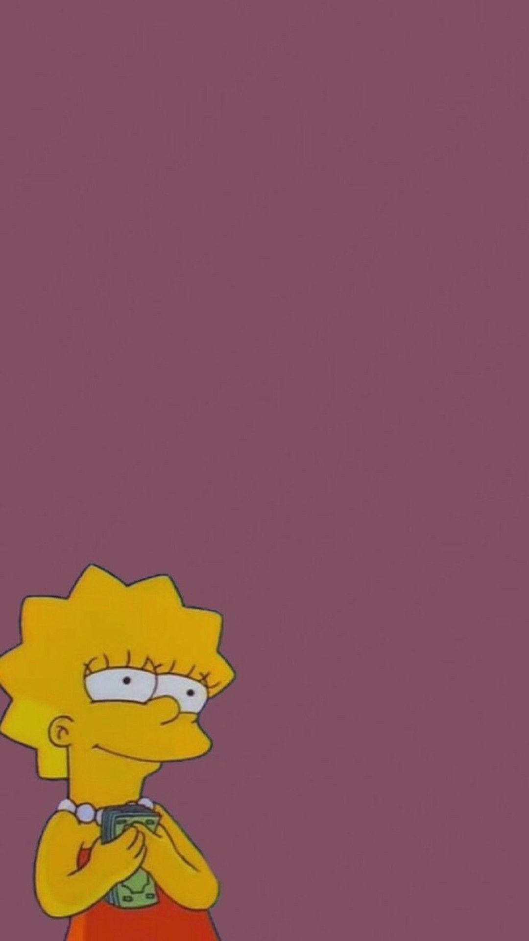 Simpsons Aesthetic 桌布 壁紙 — 麗莎·辛普森喺純色淡紫背景前微笑住揸住一個綠色遊戲控制器。