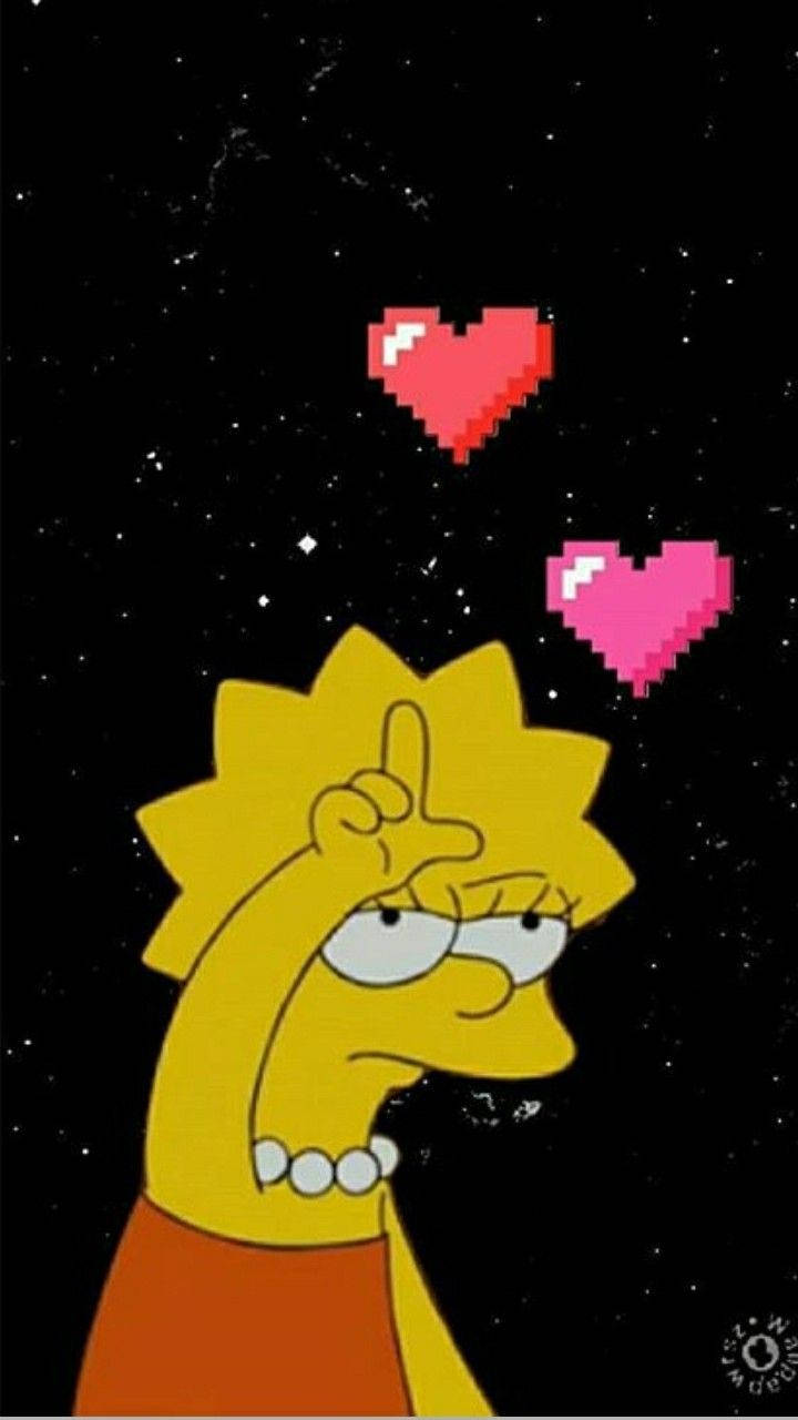Sad Simpsons 桌布 壁紙 — 麗莎·辛普森在繁星點點的夜空下做出粗魯手勢，周圍漂浮著像素心形。
