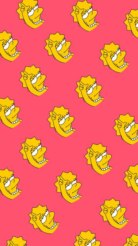 粉紅色壁紙，帶有重複的 Lisa Simpson 微笑卡通面孔。