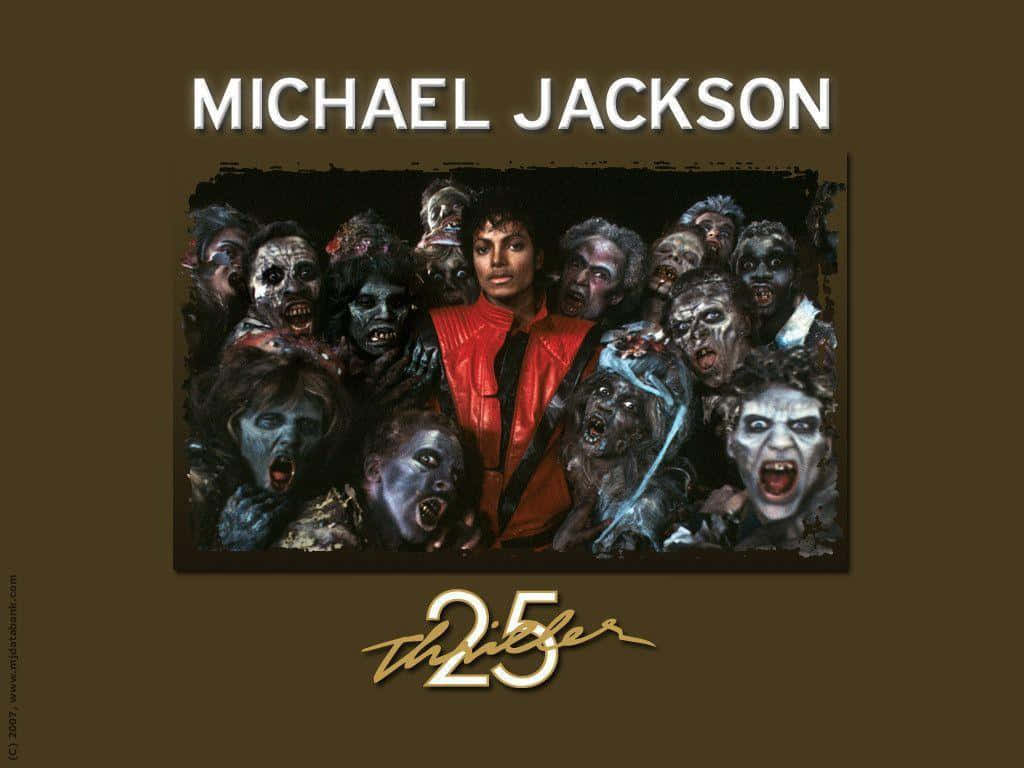 米高積遜身穿紅色外套被《Thriller》專輯封面的殭屍包圍。