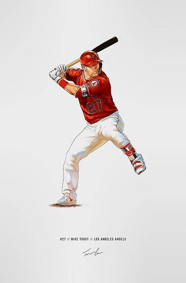 麥克·特勞特藝術印刷品 壁紙 — 棒球手 Mike Trout 身穿紅色天使隊球衣，揮棒中，球棒準備撞擊，背景簡潔。