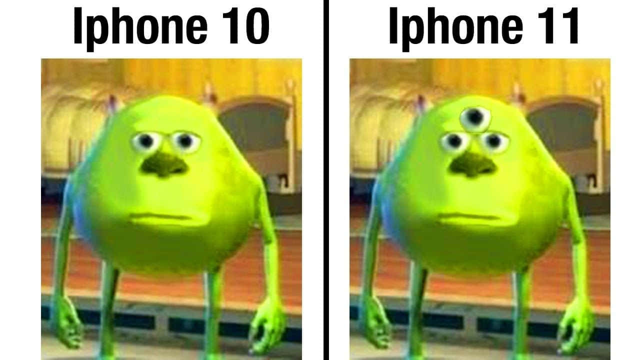 麥克·瓦佐斯基 iPhone 搞笑 Dank Memes 圖片 壁紙 — 將《怪獸公司》的米高華素基並排顯示在 iPhone 10 和 iPhone 11 屏幕上進行比較。