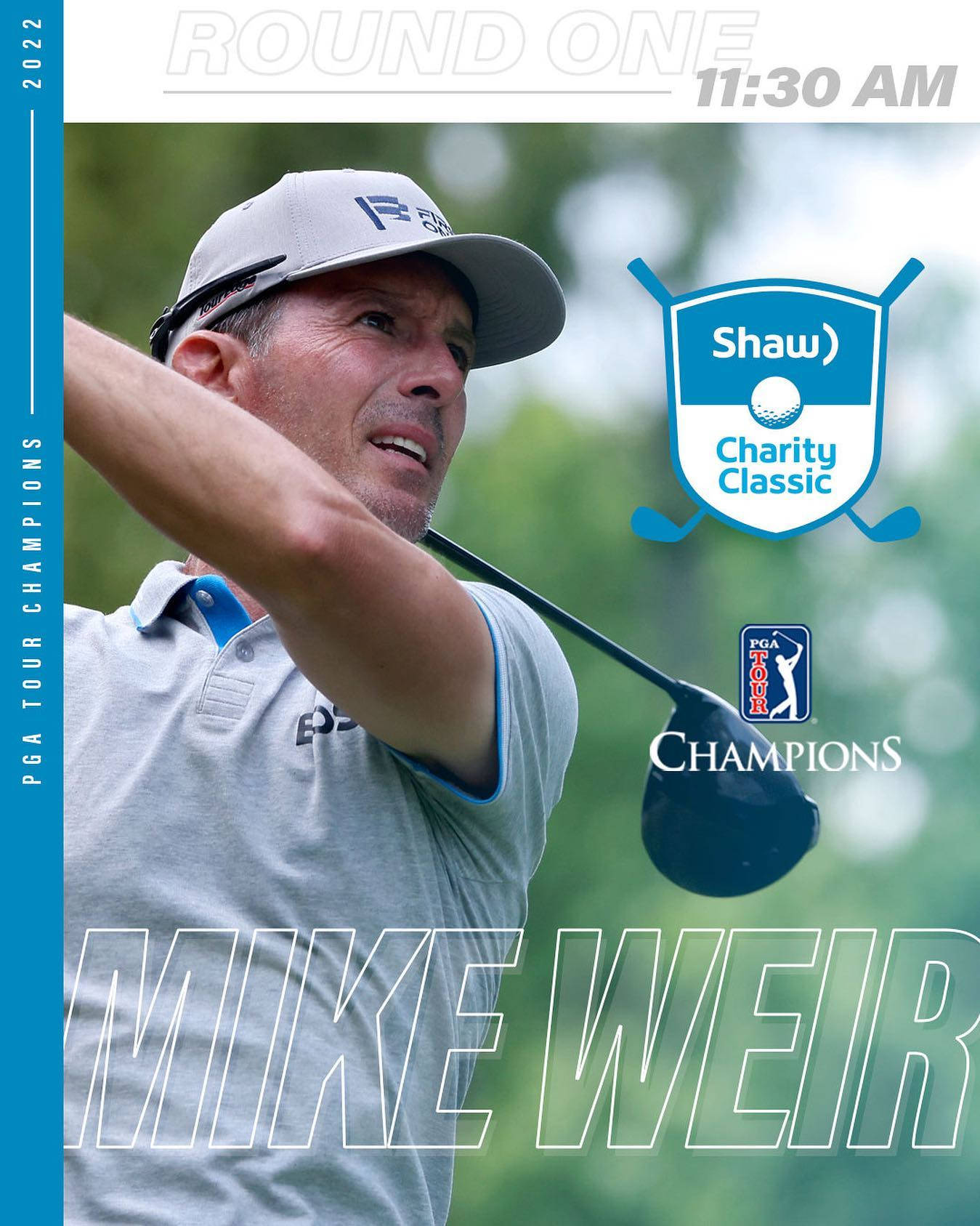 麥克·韋爾比賽海報肖像 壁紙 — 高爾夫球手 Mike Weir 在 2022 年 Shaw Charity Classic 中揮桿，背景模糊的綠色襯托出專注的強度。