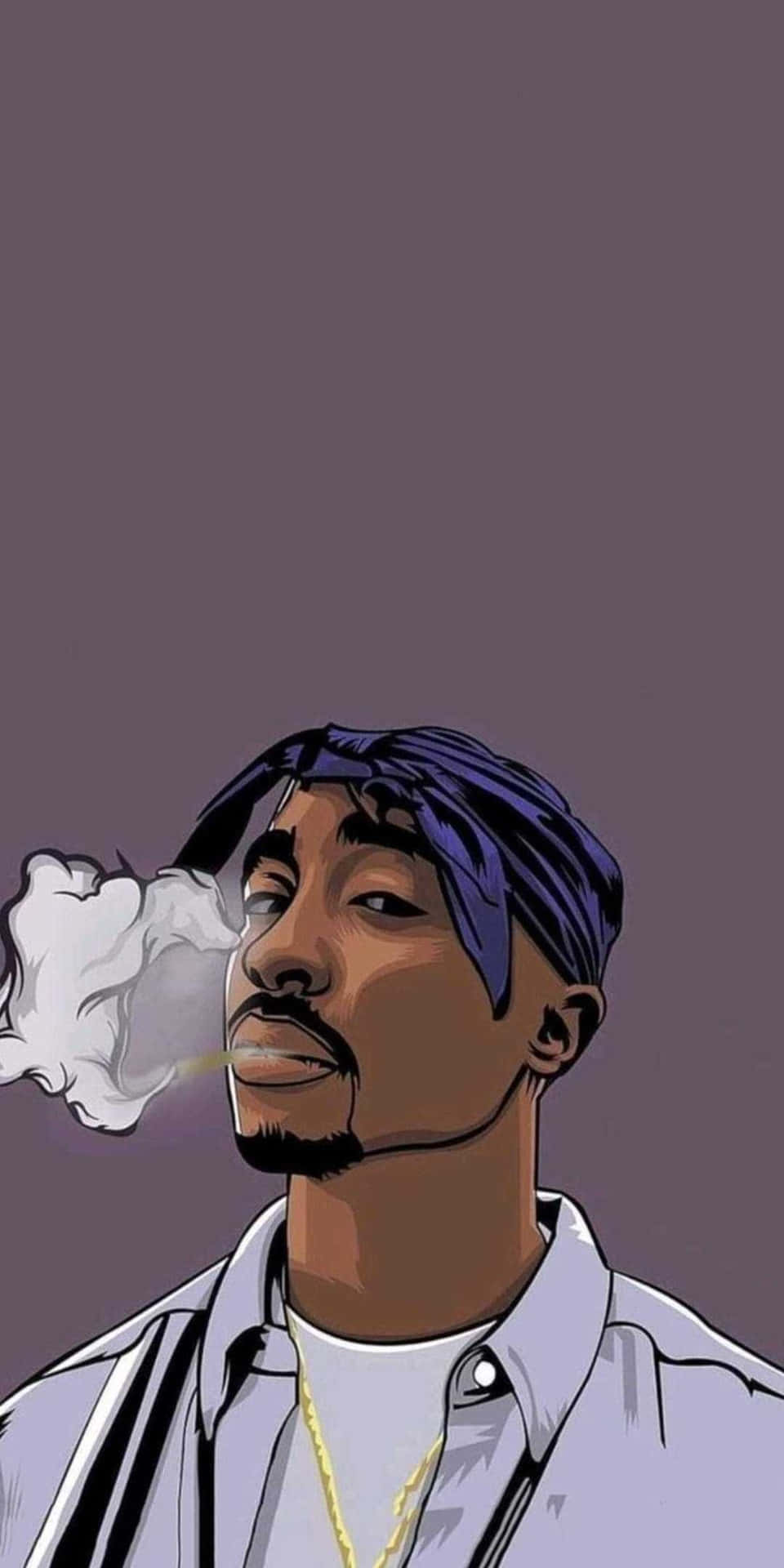 Tupac Shakur在紫色背景上吸煙，帶有煙霧雲。