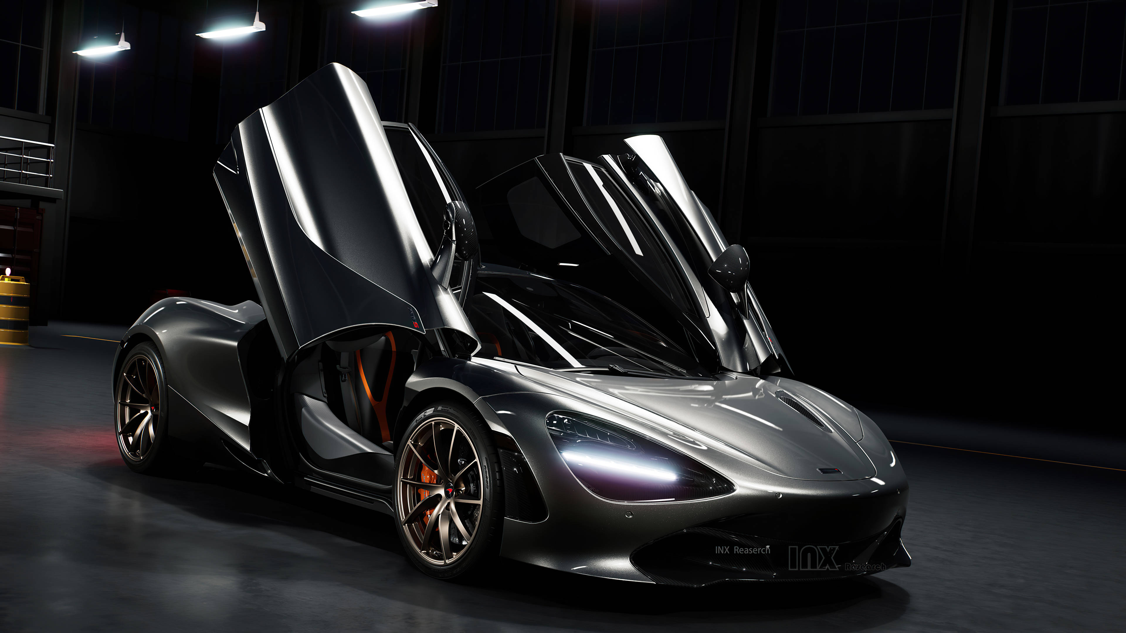 麥拉倫 720s 倉庫壁紙 壁紙 — 一架型格銀色McLaren跑車，在昏暗的工業車庫中，於明亮射燈下打開鷗翼車門。