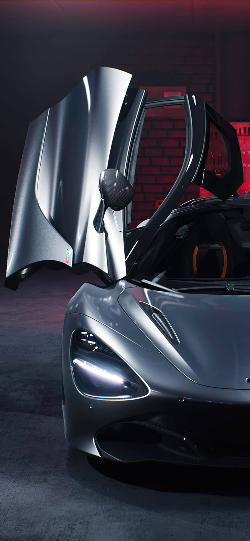 麥拉倫 720s 垂直壁紙 壁紙 — 一架時尚的銀色跑車，在昏暗的車庫中打開鷗翼車門，沐浴在紅色環境光中。