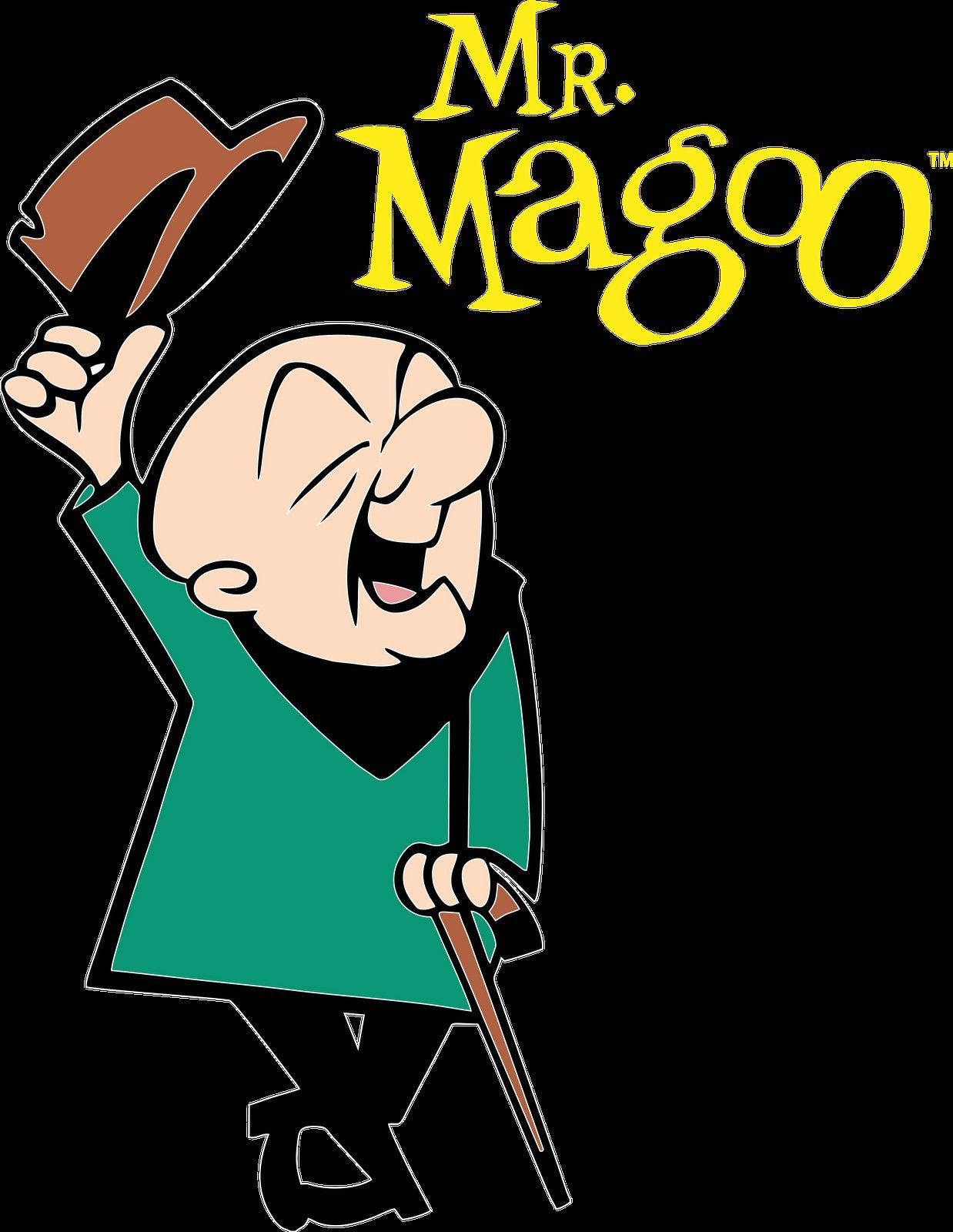 麥格古復古插畫 壁紙 — Mr Magoo 卡通角色身穿綠色西裝，在黑色背景前用手杖掀帽。