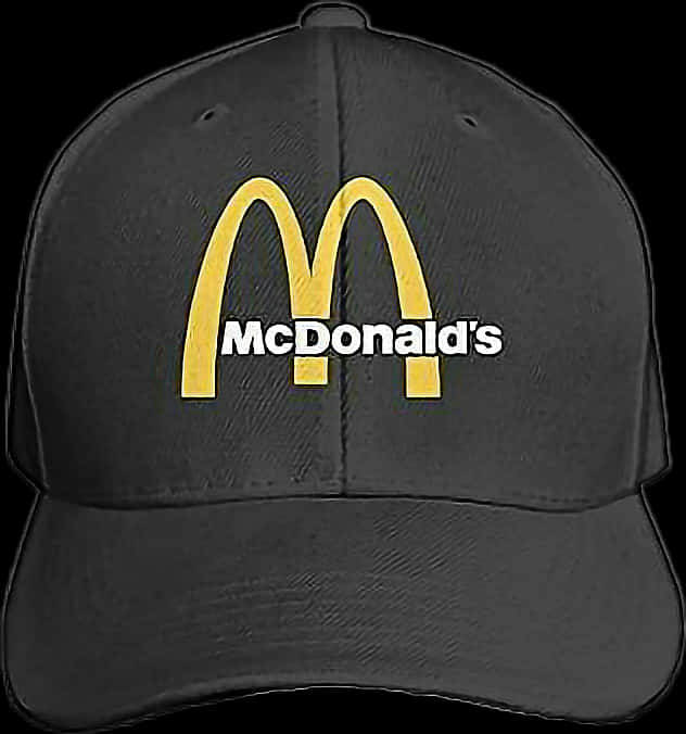 麥當勞品牌黑色棒球帽 壁紙 — 一頂黑色棒球帽，上面有醒目的黃色麥當勞標誌和白色文字，背景為深色。