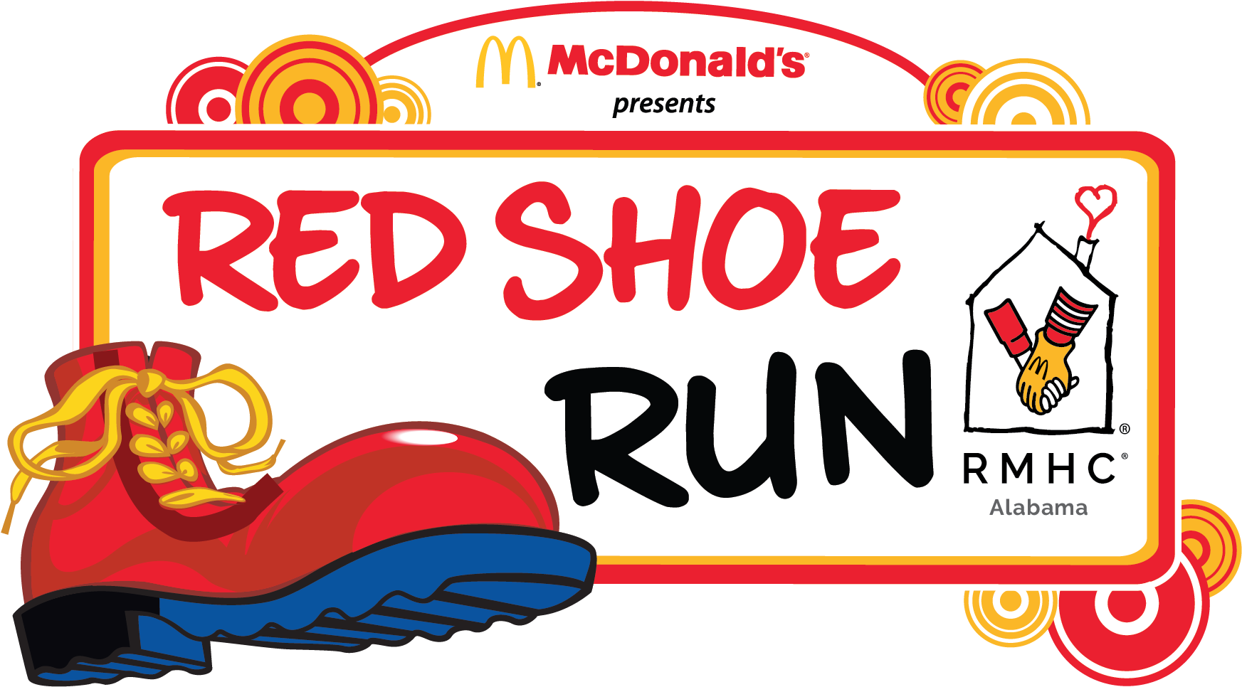 麥當勞紅鞋跑活動海報 壁紙 — 麥當勞Red Shoe Run的鮮明標誌，特色是卡通紅鞋配黃色鞋帶和RMHC Alabama品牌標識。