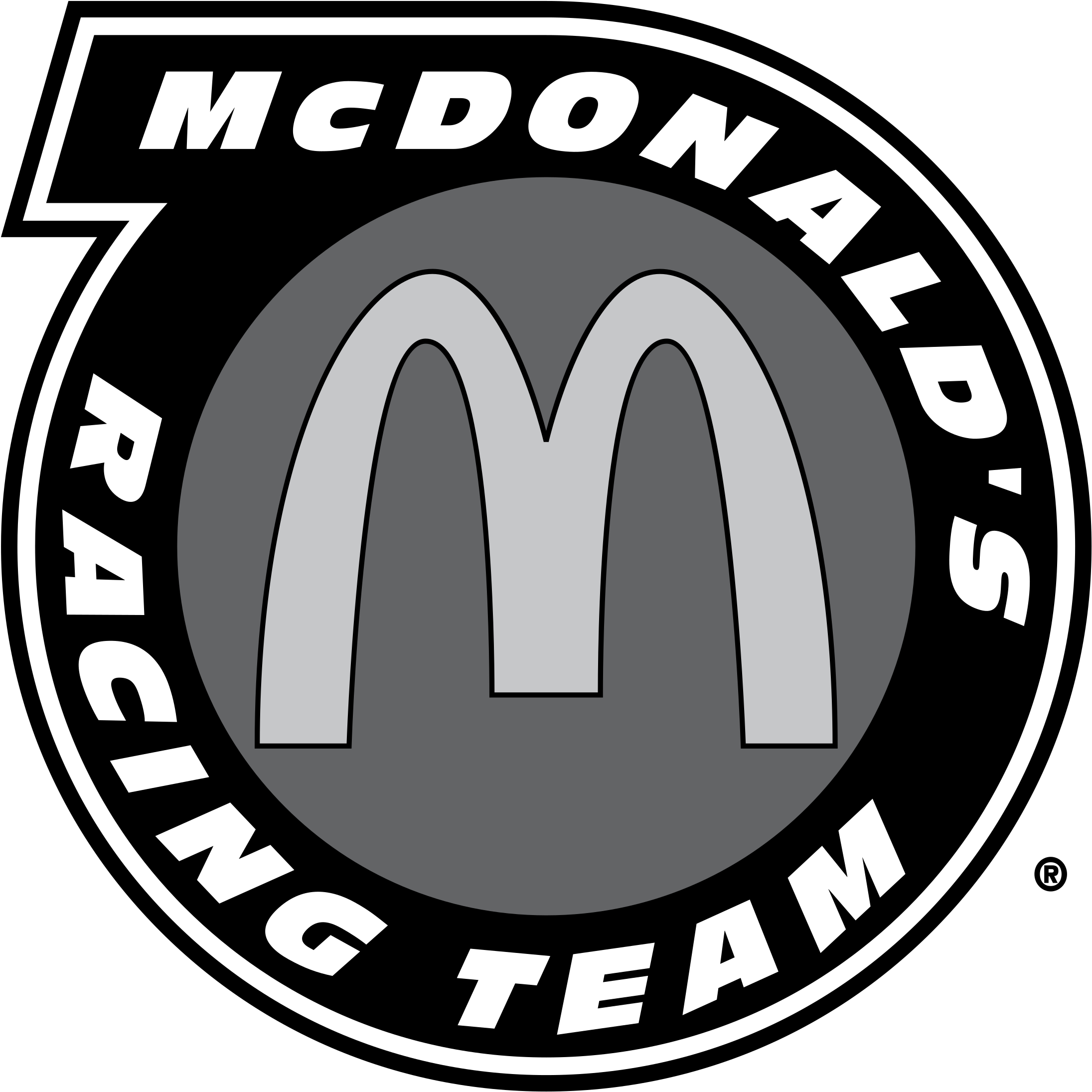麥當勞賽車隊標誌 壁紙 — McDonald's Racing Team 的黑白標誌，帶有粗體字和標誌性的金色拱門，以灰階呈現。