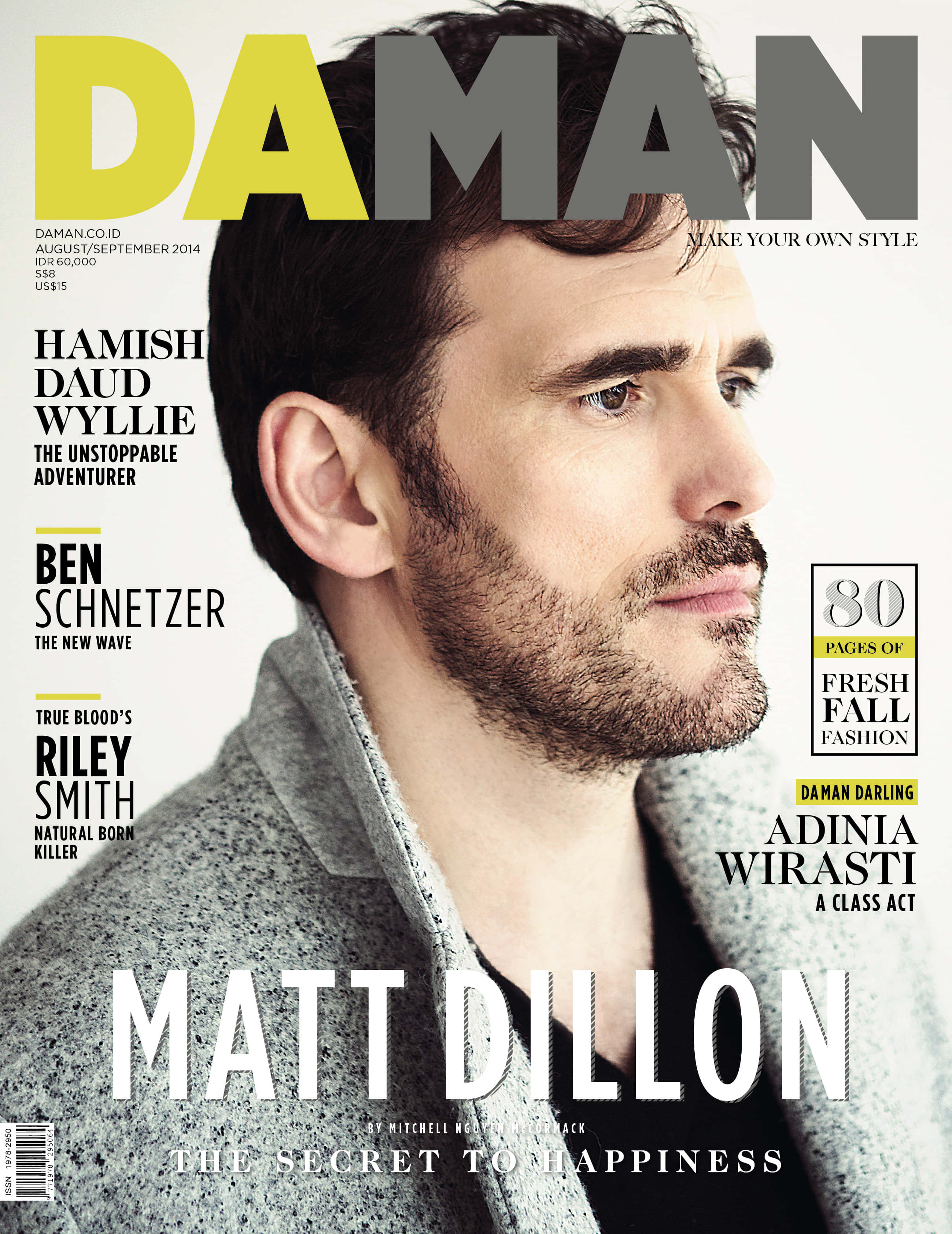 matt dillon 桌布 壁紙 — 麥迪文身穿質感灰色外套，在DAMAN雜誌封面上若有所思地凝視，搭配粗體字型和時尚頭條。