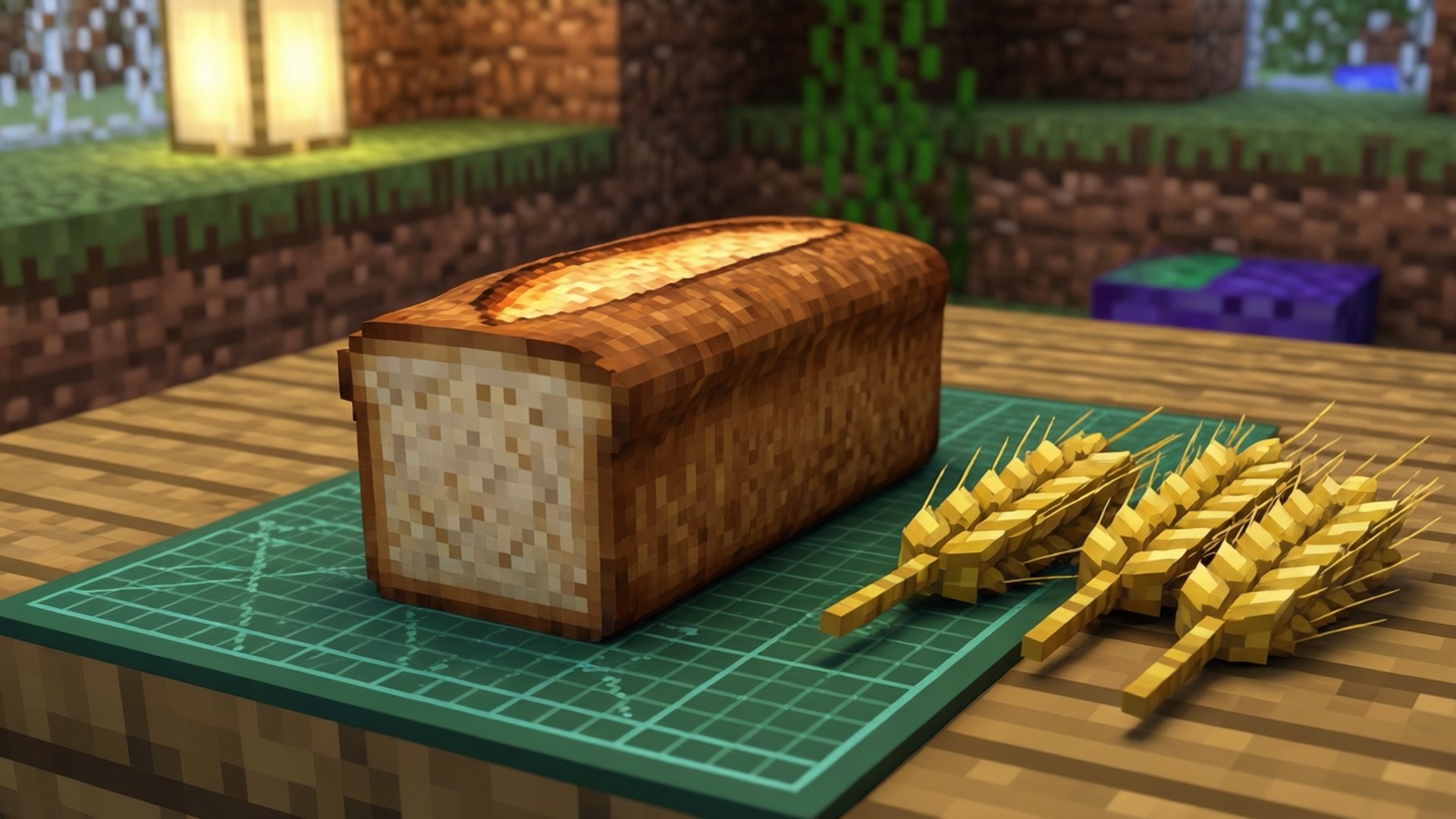 像素化嘅麵包同小麥喺綠色砧板上，Minecraft風格。