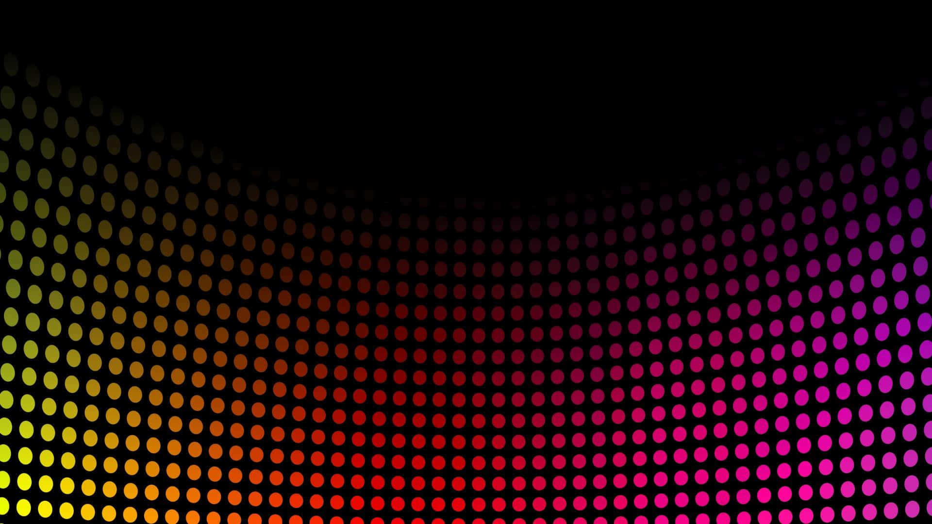 黃、紅、洋紅曲線迪斯可背景 壁紙 — 一條由發光點組成的彎曲波浪，從黃色過渡到洋紅色，背景為黑色。