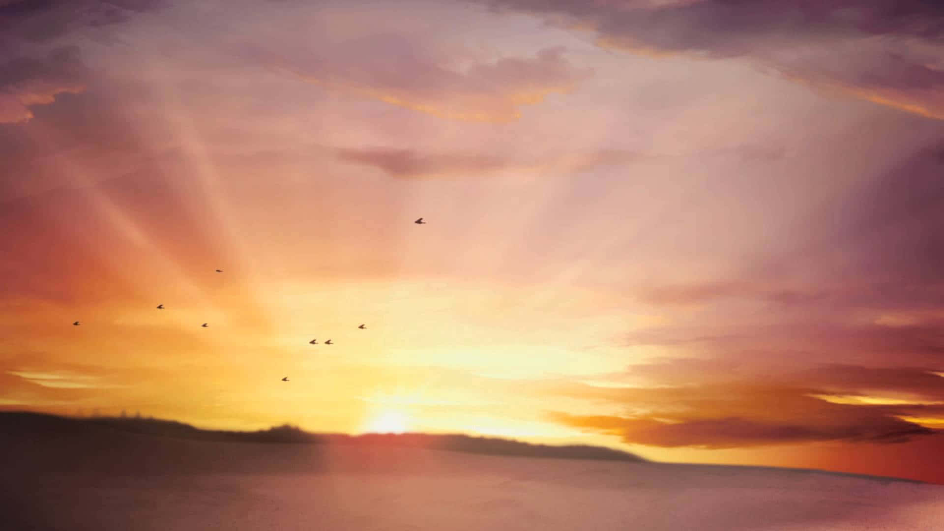 鳥兒在色彩繽紛的日落天空中飛翔，伴隨著陽光和雲彩。