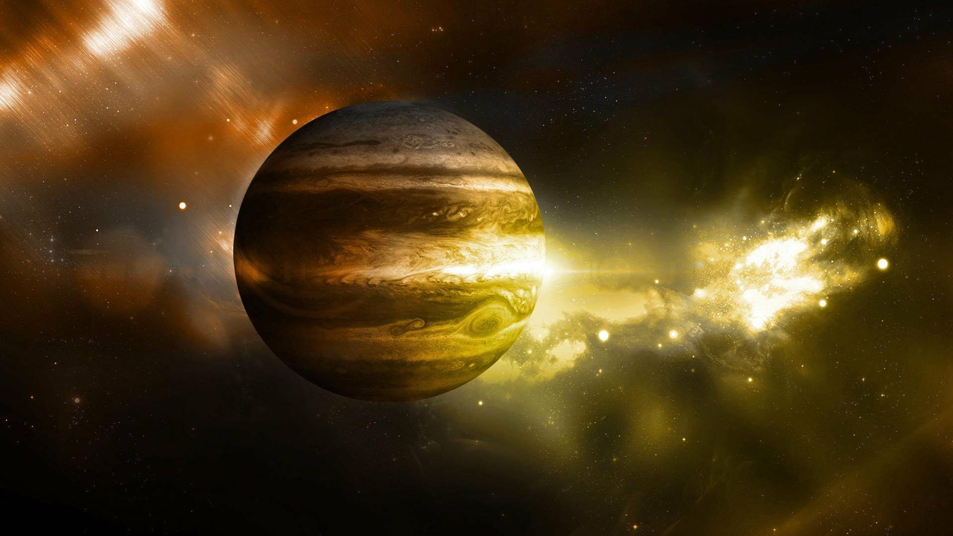 木星被金色星雲和深空中的星星照亮。