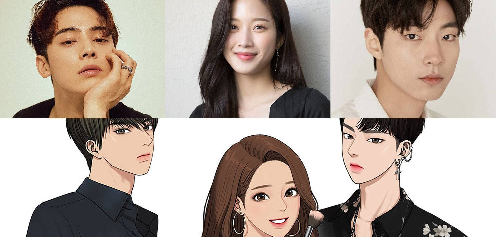 黃寅燁 Webtoon 合輯 壁紙 — 六位韓國名人與動漫角色的拼貼畫，表情豐富，穿著時尚，背景簡潔。