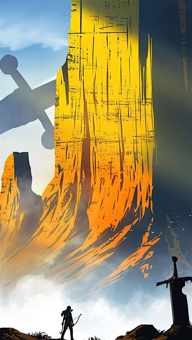 黃山 墓穴獵人 iPhone 壁紙 — 一個孤獨的弓箭手站在高聳的金色懸崖前，一把巨劍刺穿天空，構成戲劇性的奇幻場景。