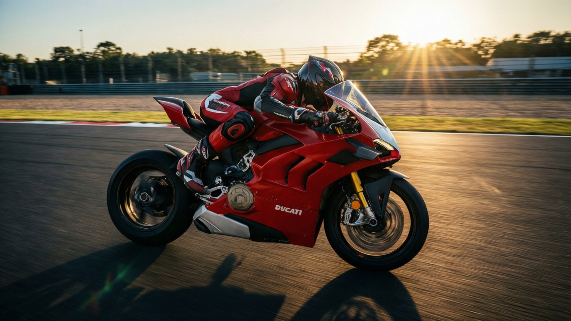 紅色Ducati電單車在賽道上奔馳，車手在日落時入彎傾斜