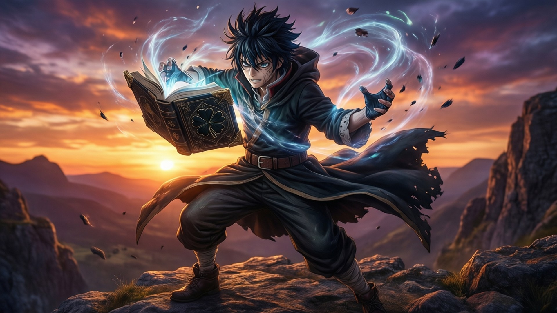動漫法師在日落時於懸崖上從書中施展魔法。